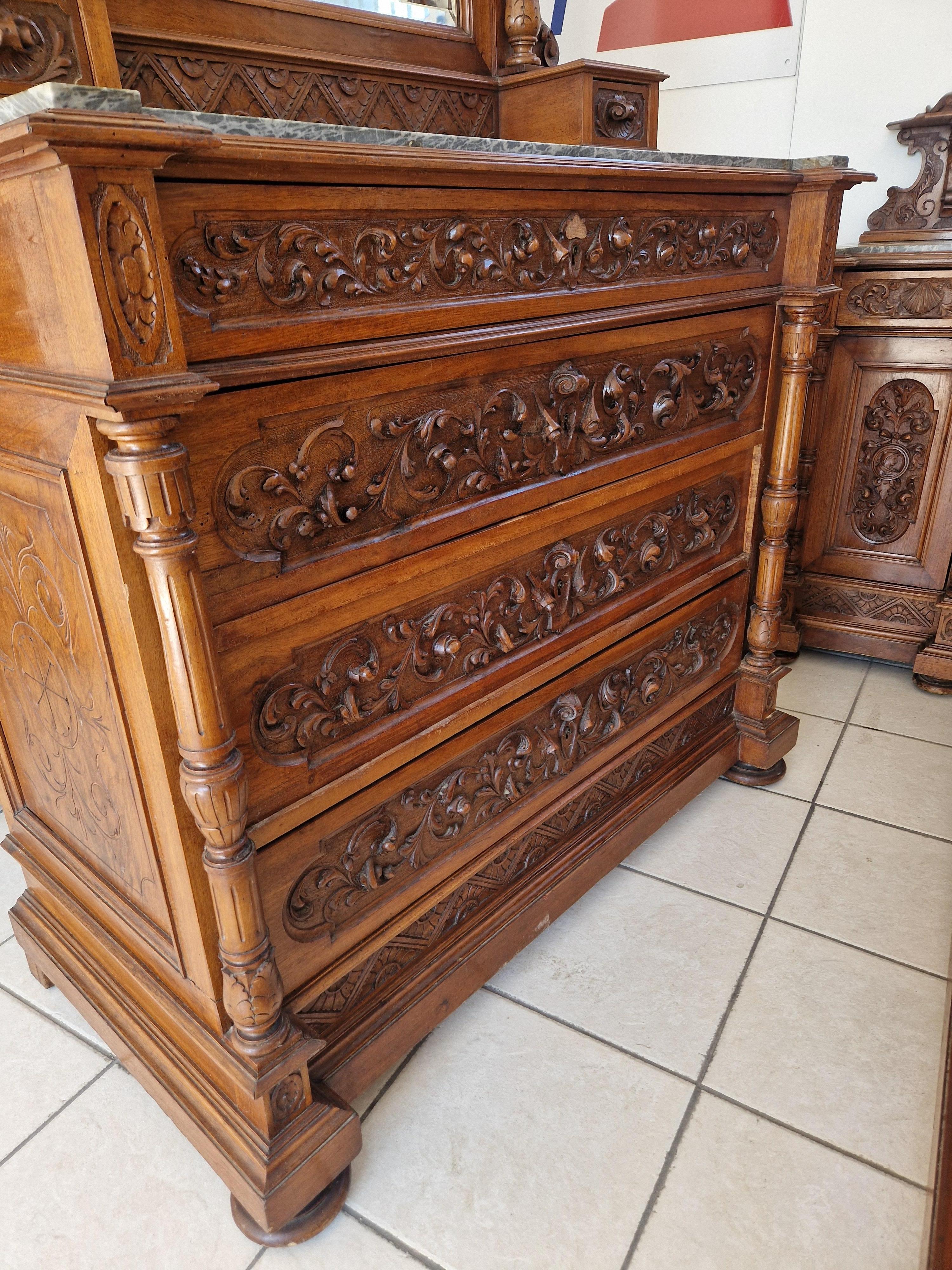 19th Century Antique Walnut Italian Renaissance Bedroom Set Hand Carved For Sale