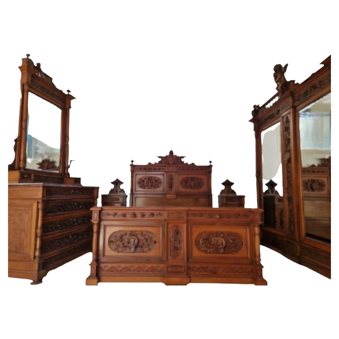 Antique Walnut Italian Renaissance Bedroom Set Hand Carved