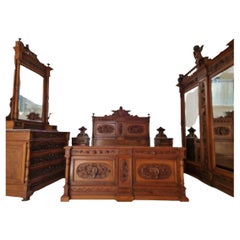 Antique Walnut Italian Renaissance Bedroom Set Hand Carved