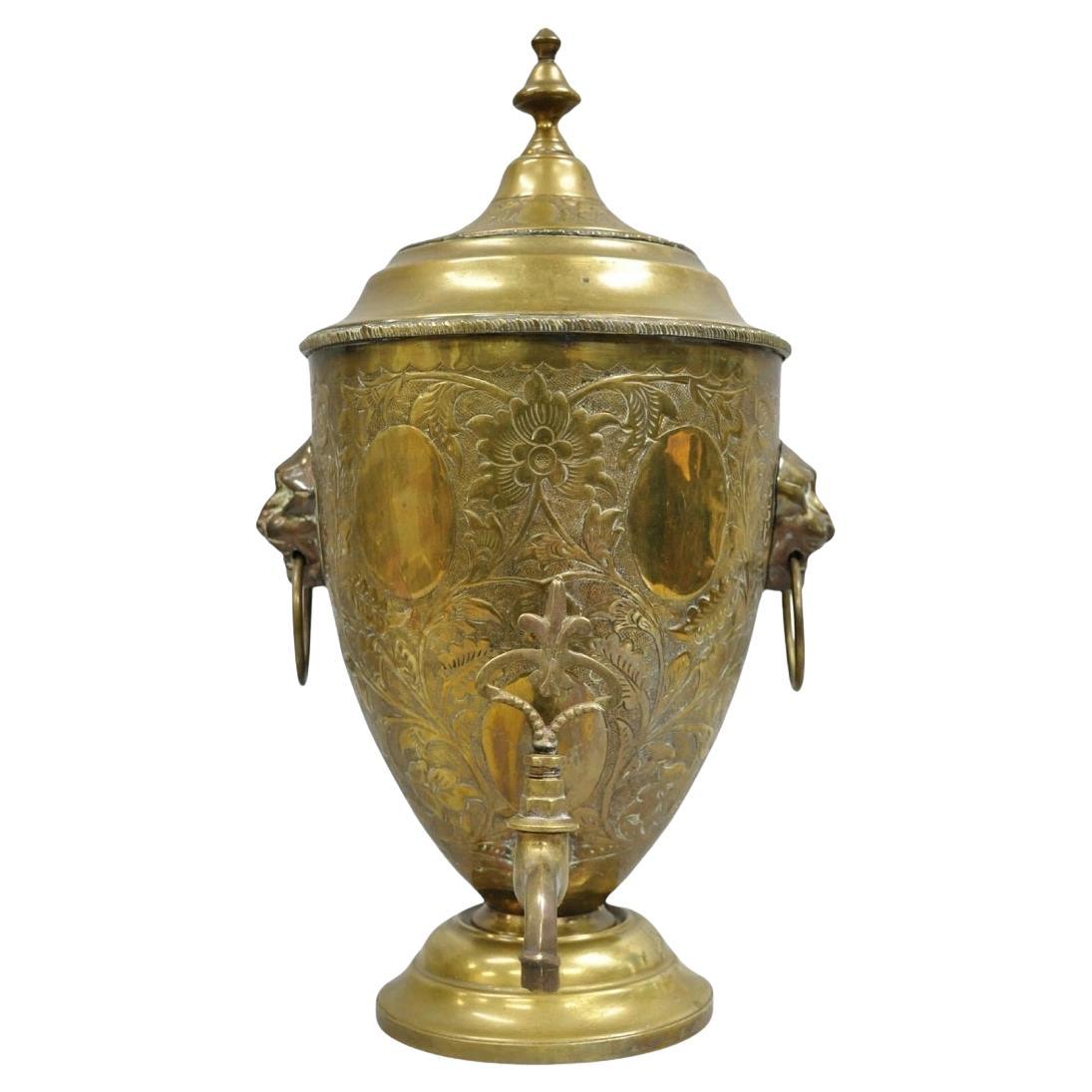 Antique Italian Renaissance Brass Floral Repousse Lions Samovar Drink Dispenser