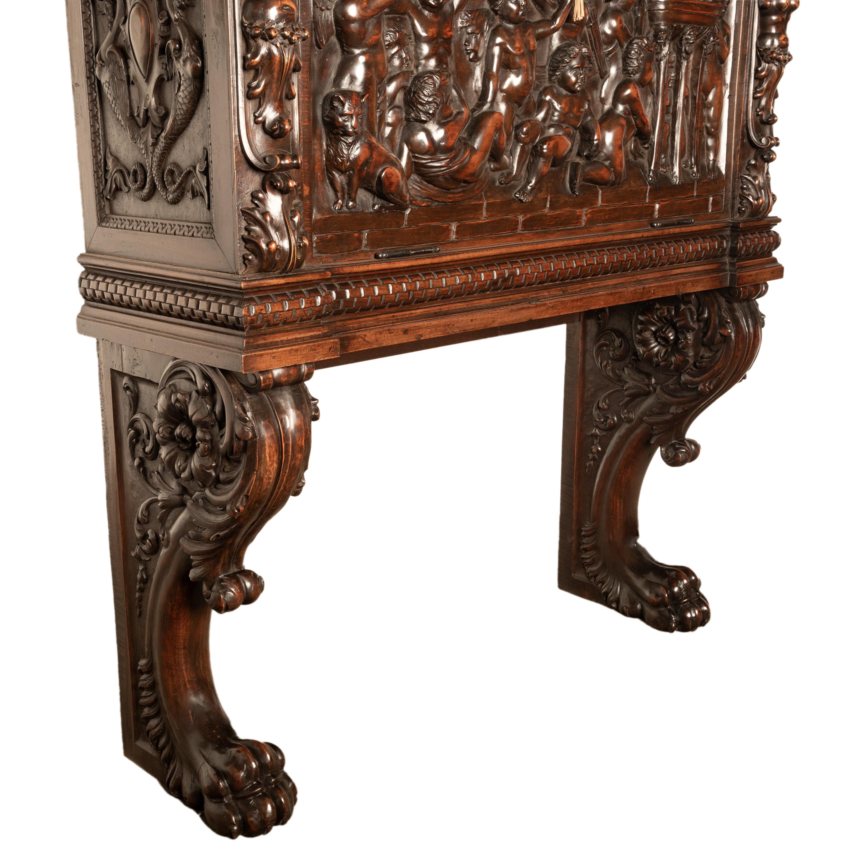 Antique Italian Renaissance Carved Liquor Wine Cabinet Chest Stand Cherubs 1880 For Sale 5