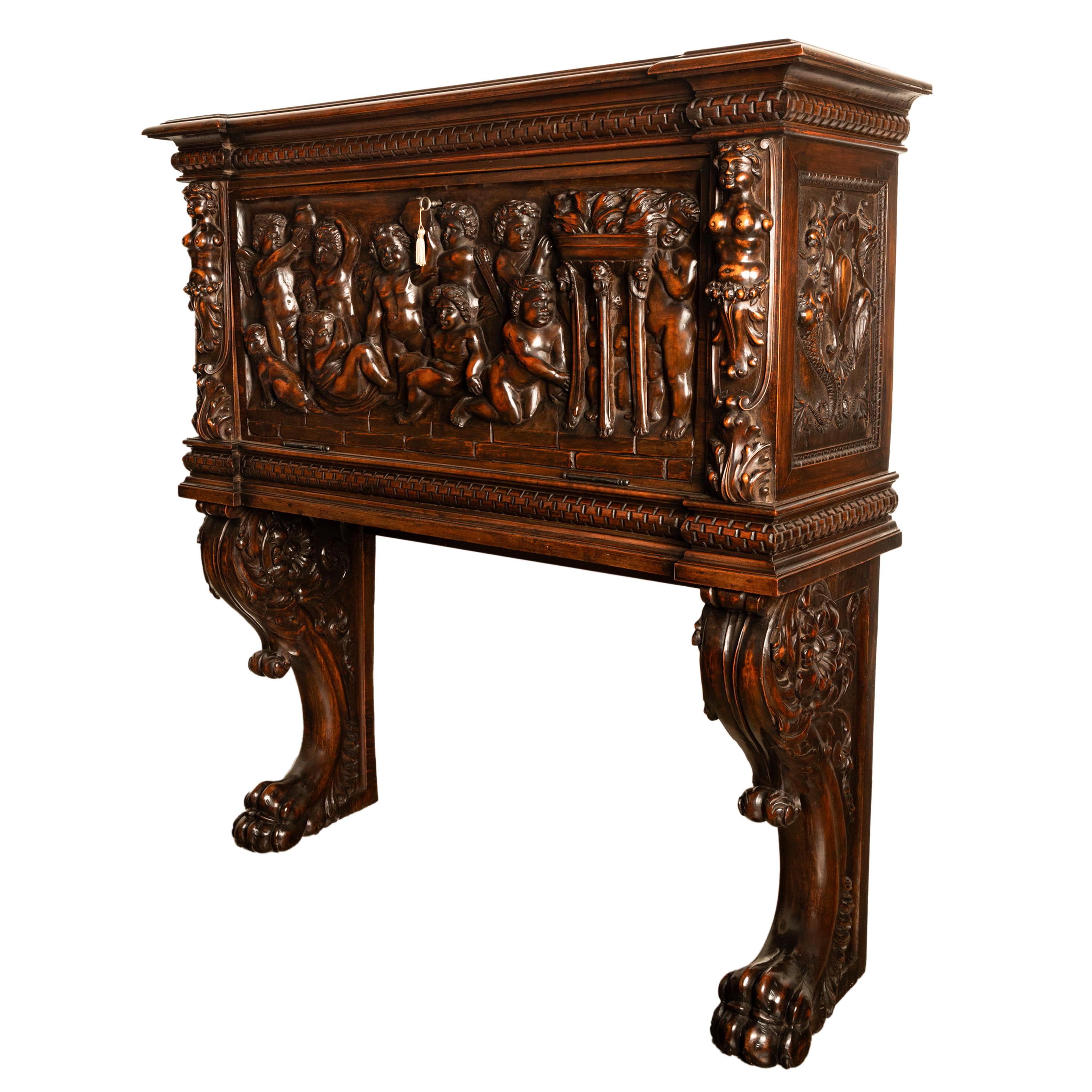 Renaissance Revival Antique Italian Renaissance Carved Liquor Wine Cabinet Chest Stand Cherubs 1880 For Sale