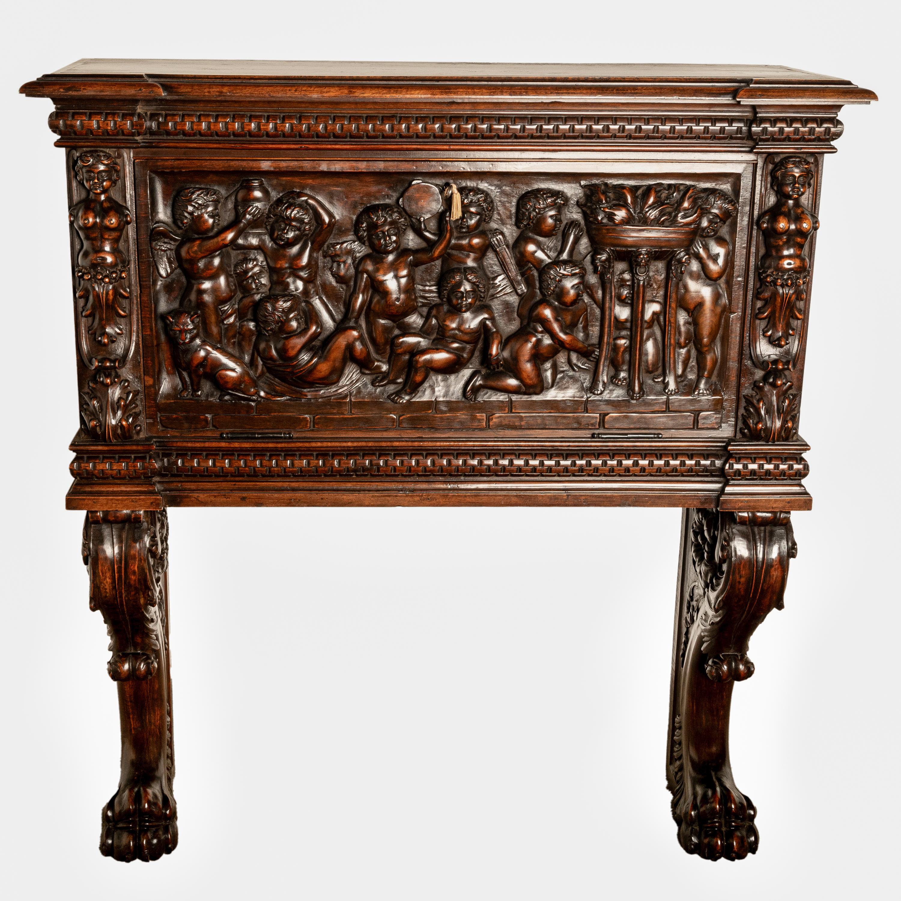 Antique Italian Renaissance Carved Liquor Wine Cabinet Chest Stand Cherubs 1880 In Good Condition For Sale In Portland, OR