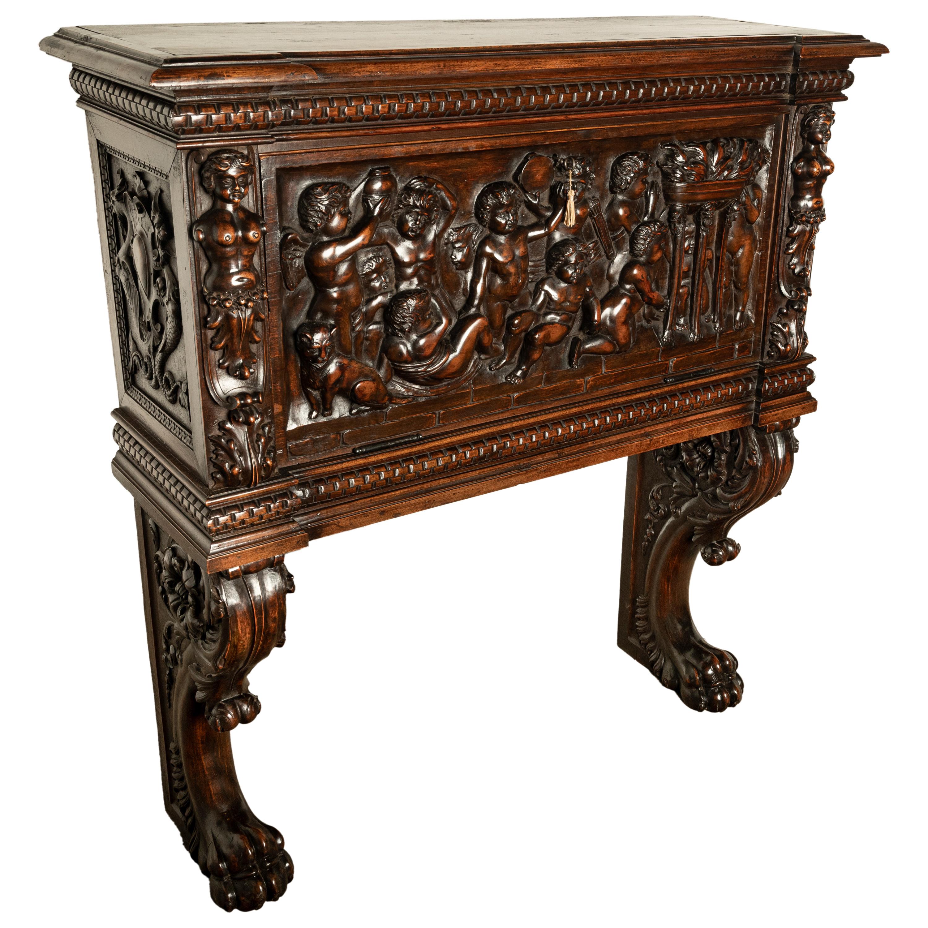 Late 19th Century Antique Italian Renaissance Carved Liquor Wine Cabinet Chest Stand Cherubs 1880 For Sale