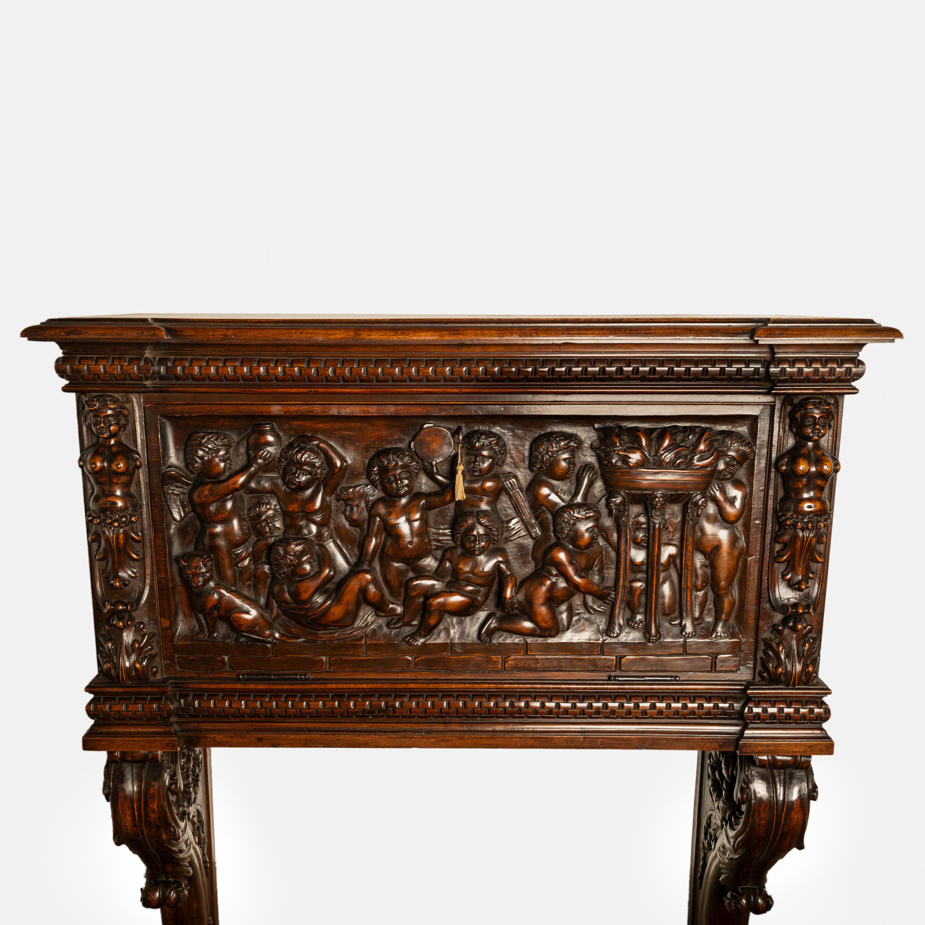 Walnut Antique Italian Renaissance Carved Liquor Wine Cabinet Chest Stand Cherubs 1880 For Sale