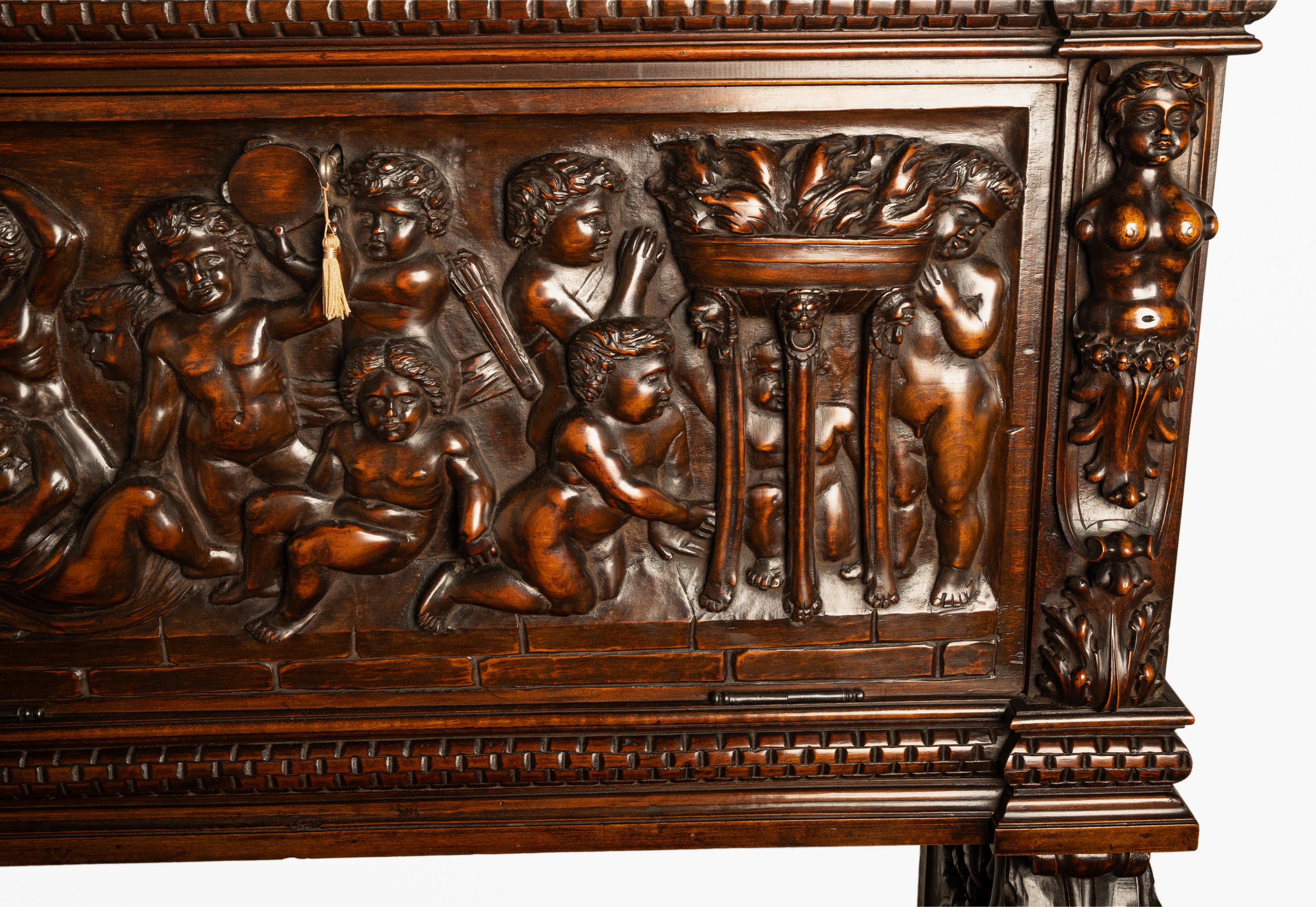 Antique Italian Renaissance Carved Liquor Wine Cabinet Chest Stand Cherubs 1880 For Sale 2