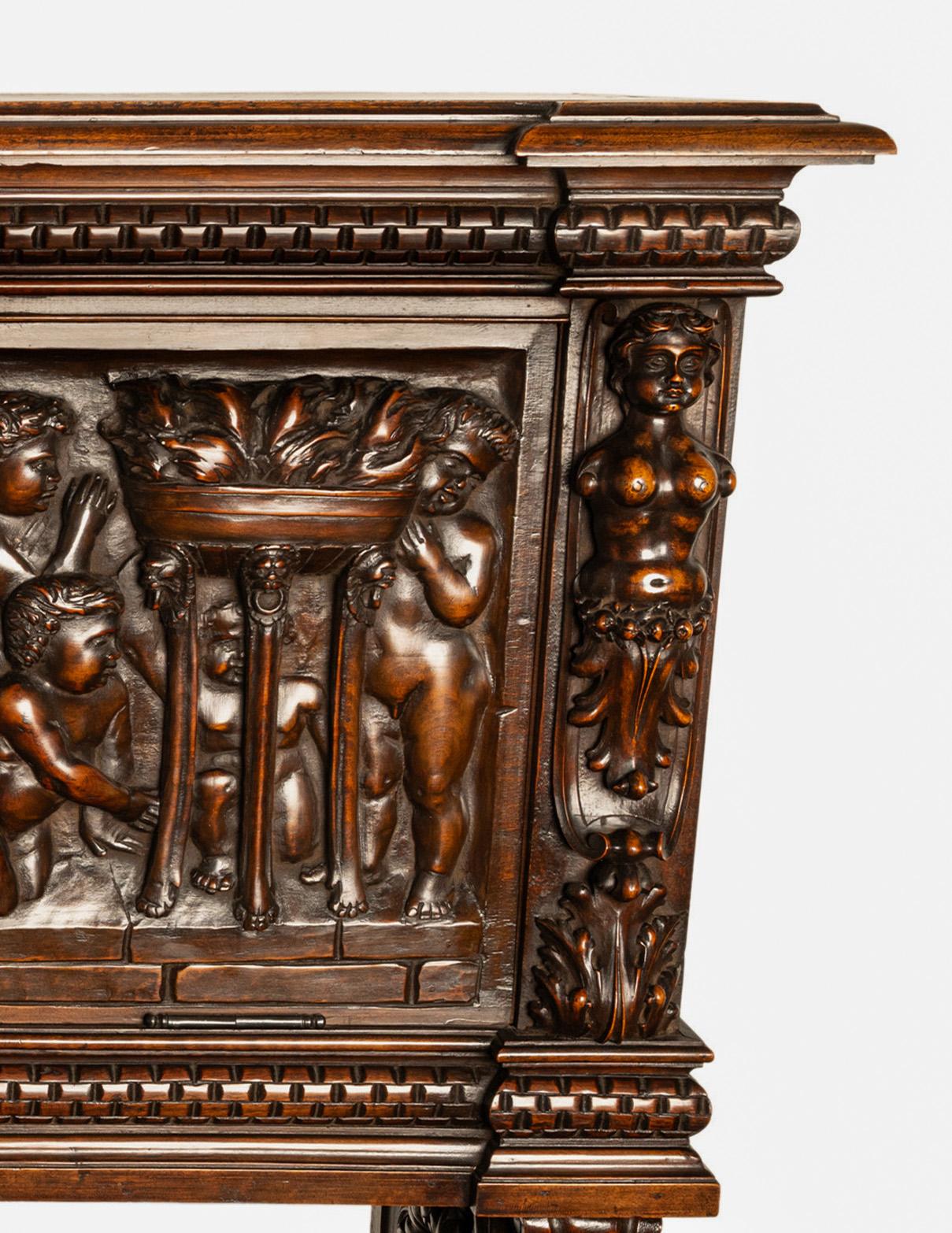 Antique Italian Renaissance Carved Liquor Wine Cabinet Chest Stand Cherubs 1880 For Sale 3