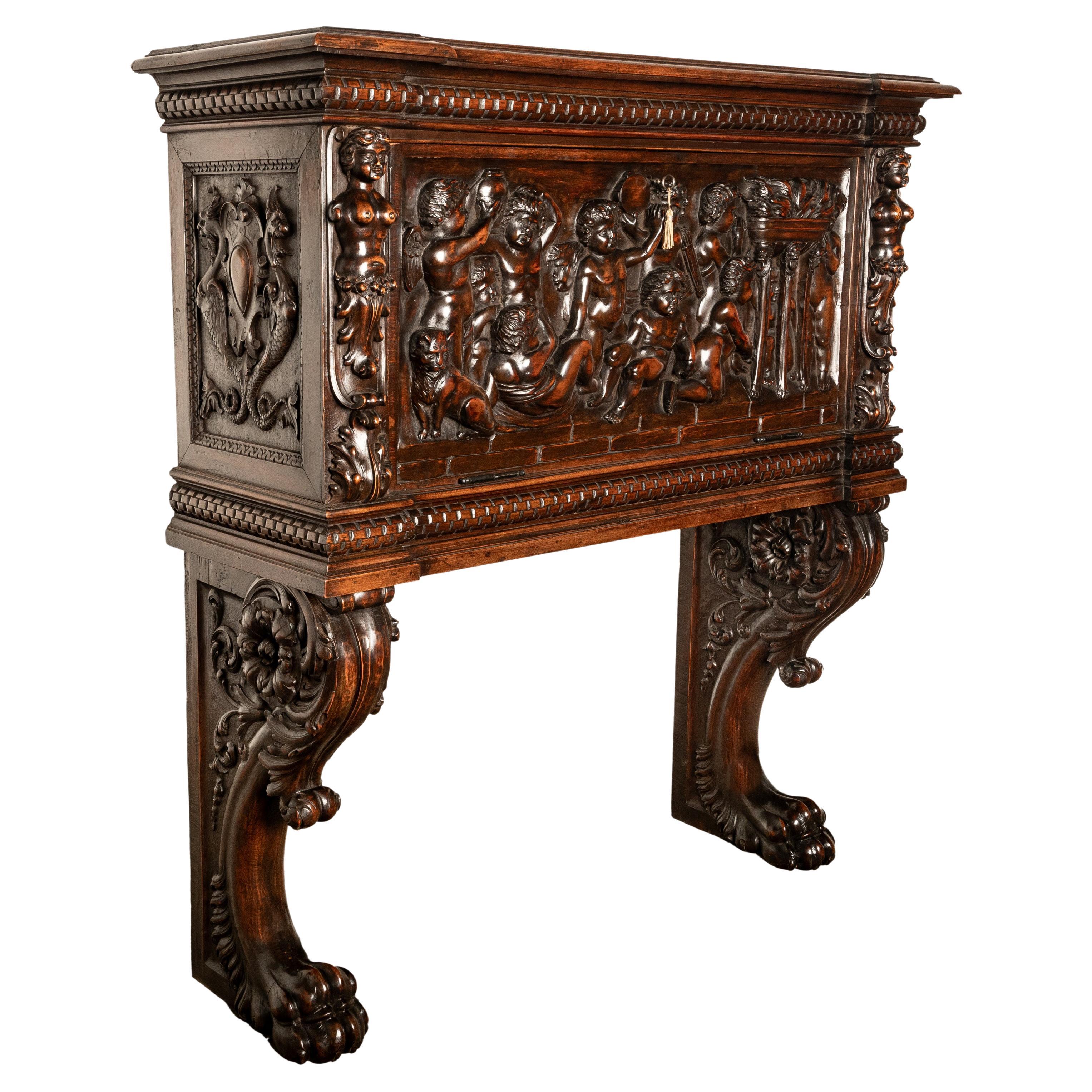 Ancienne Renaissance Italienne Sculptée Armoire à Vins Coffre Stand Chérubins 1880 en vente