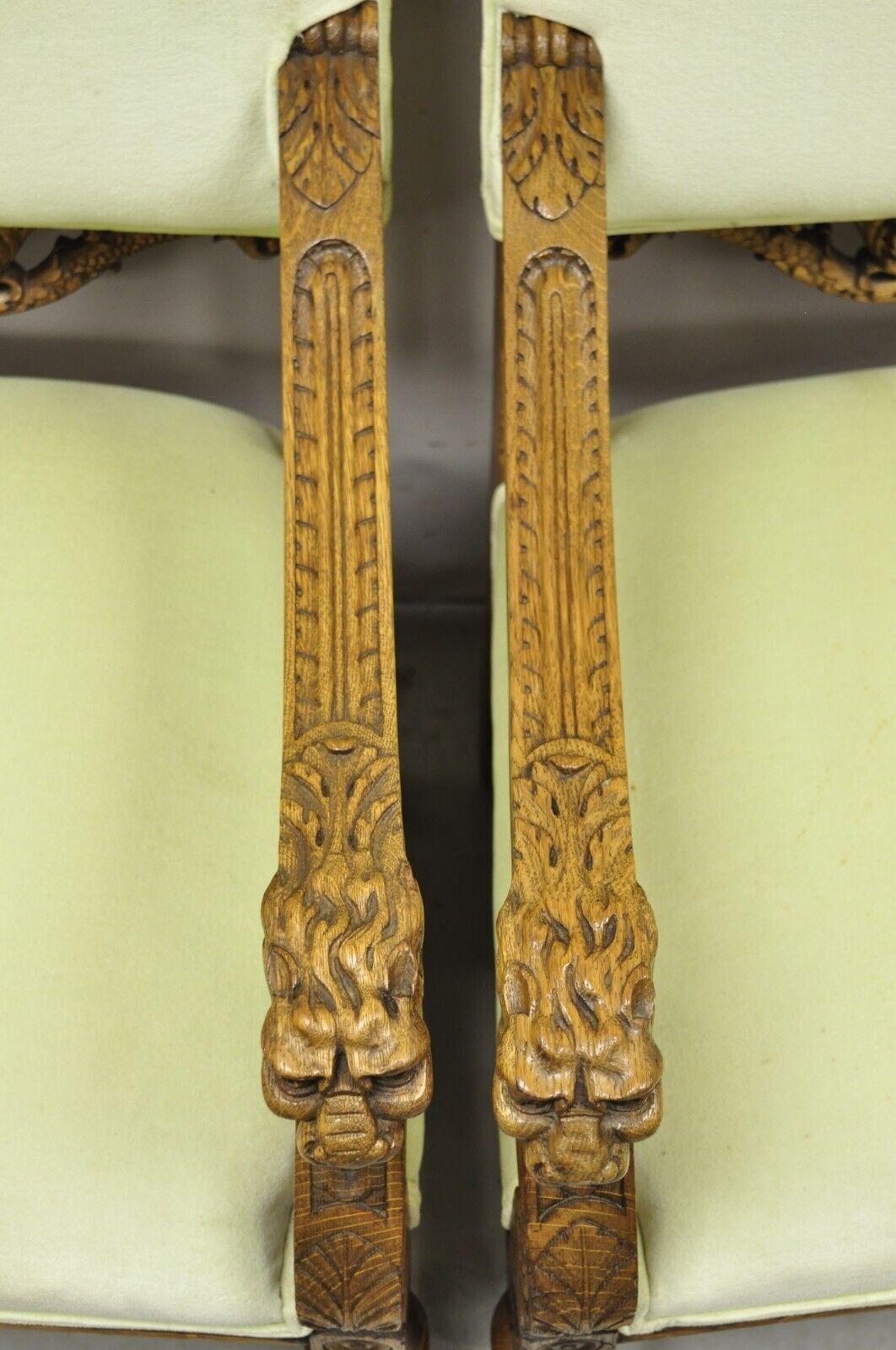 Antique Italian Renaissance Carved Oak Wood Lion Head Paw Feet Arm Chairs - Pair For Sale 7