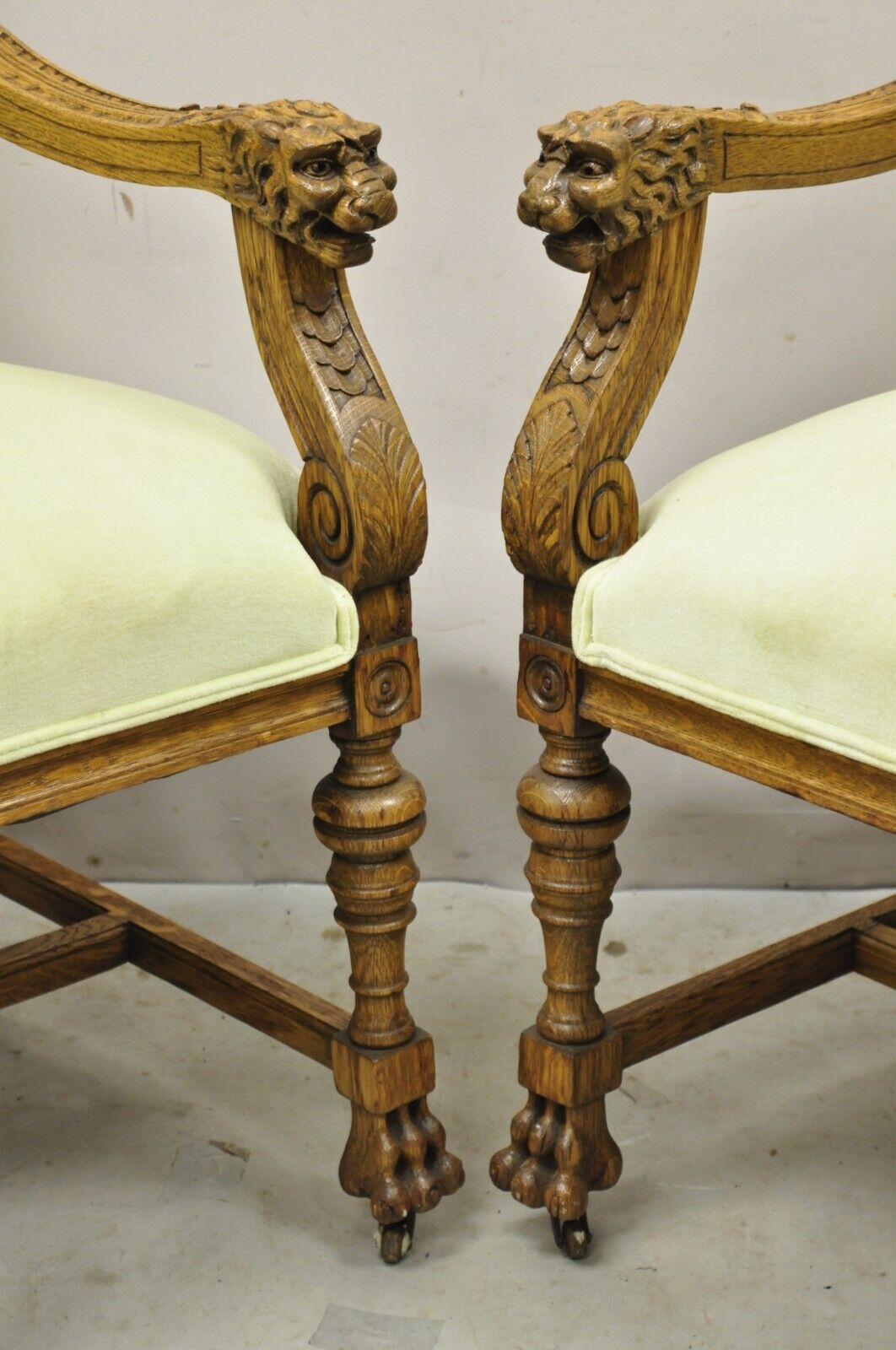 Antique Italian Renaissance Carved Oak Wood Lion Head Paw Feet Arm Chairs - Pair For Sale 1
