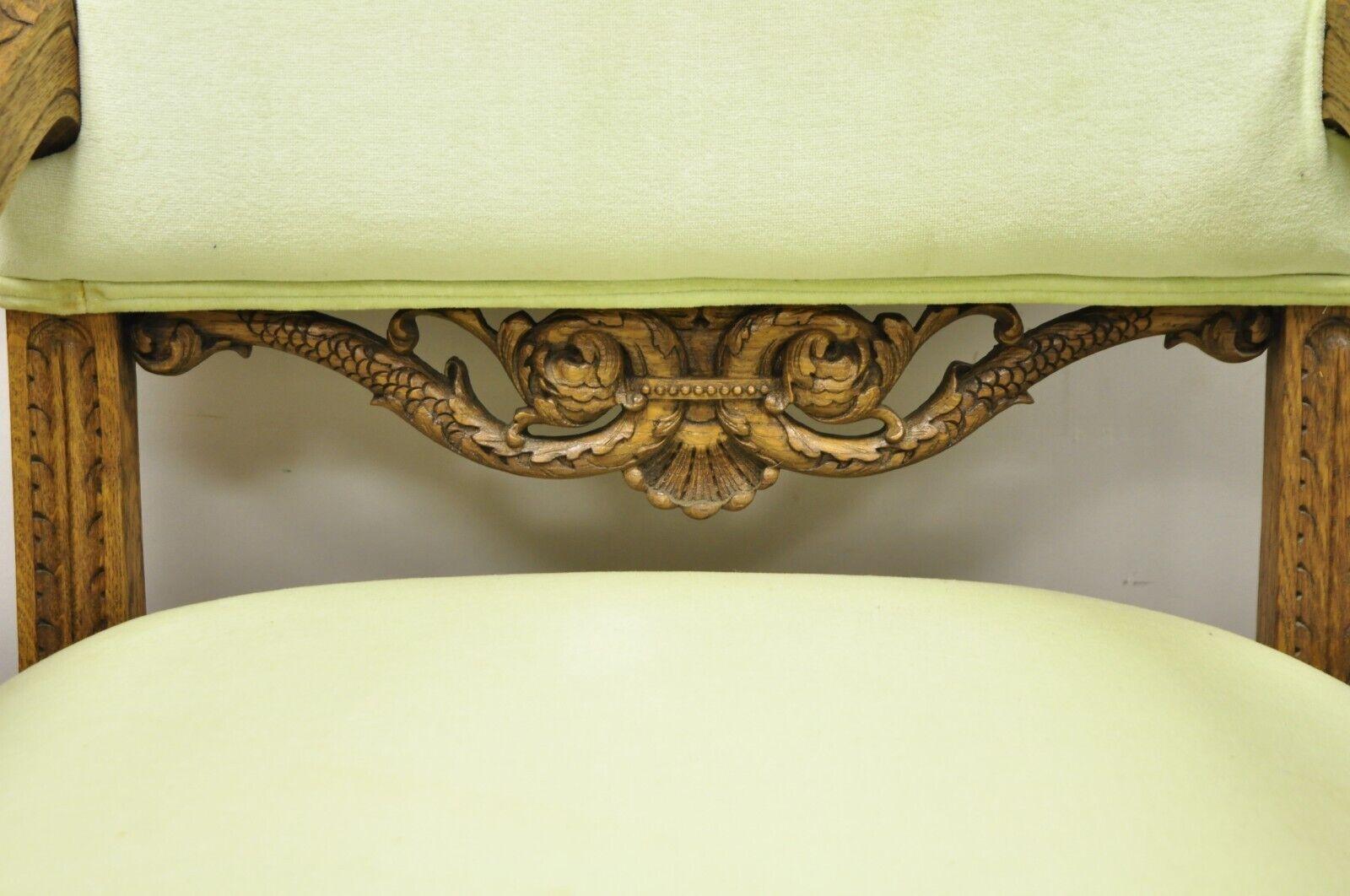 Antique Italian Renaissance Carved Oak Wood Lion Head Paw Feet Arm Chairs - Pair For Sale 5
