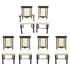 Antique Italian Renaissance Carved Oak Wood Upholstered Dining Chairs - Set of 6