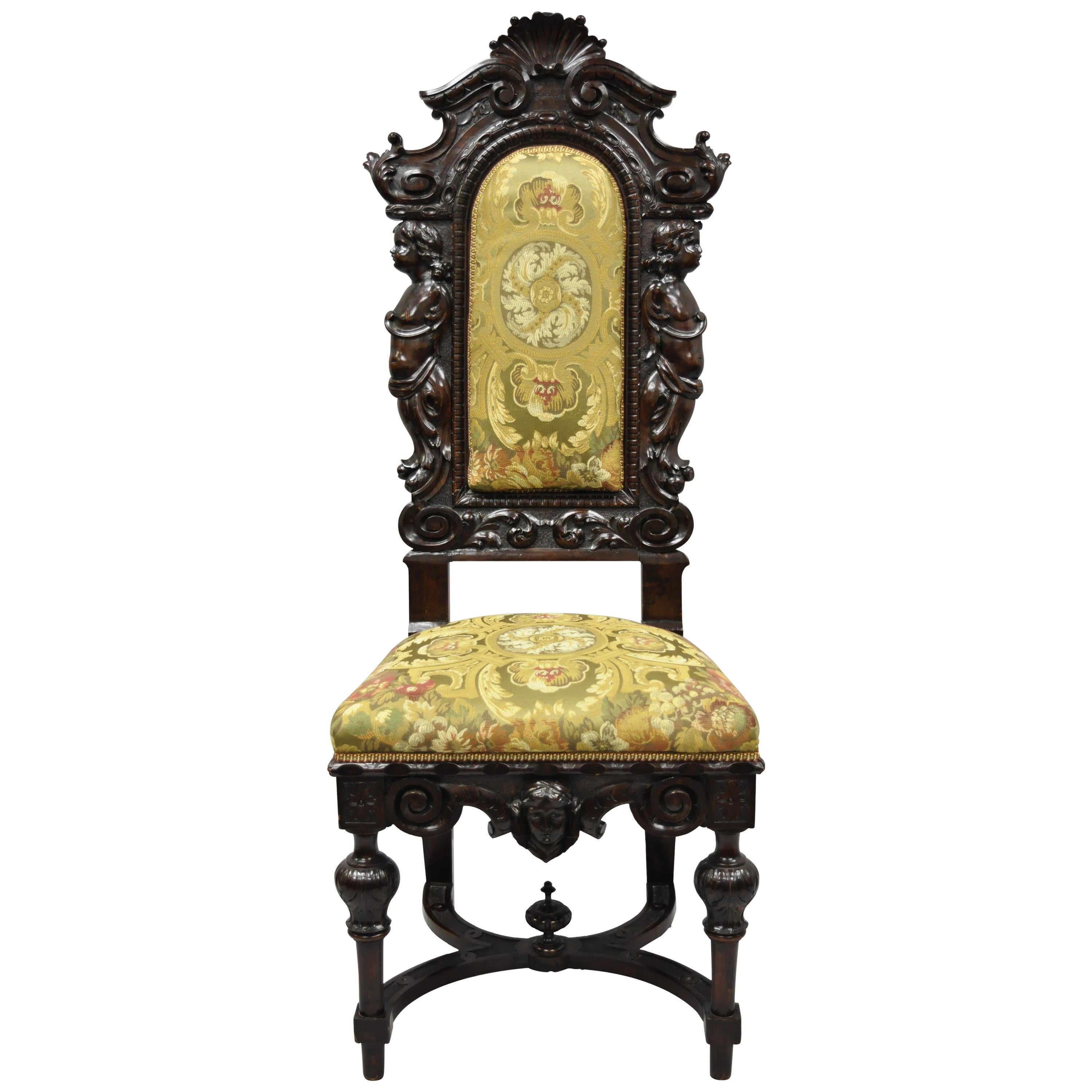Antique Italian Renaissance Carved Walnut Cherubs and Angels Figural Chair