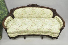 Antique Italian Renaissance Carved Walnut French Victorian Rams Head Green Sofa