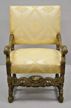 Antique Italian Renaissance Carved Walnut Jacobean Gold Upholstered Arm Chair
