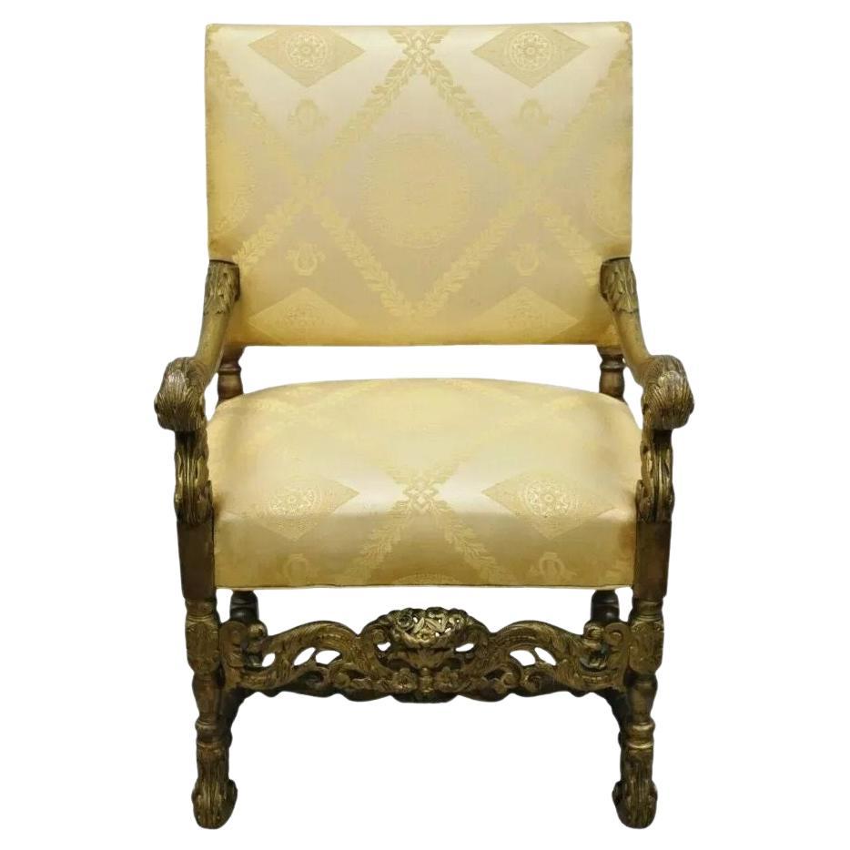 Antique Italian Renaissance Carved Walnut Jacobean Gold Upholstered Arm Chair