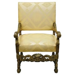 Antique Italian Renaissance Carved Walnut Jacobean Gold Upholstered Arm Chair