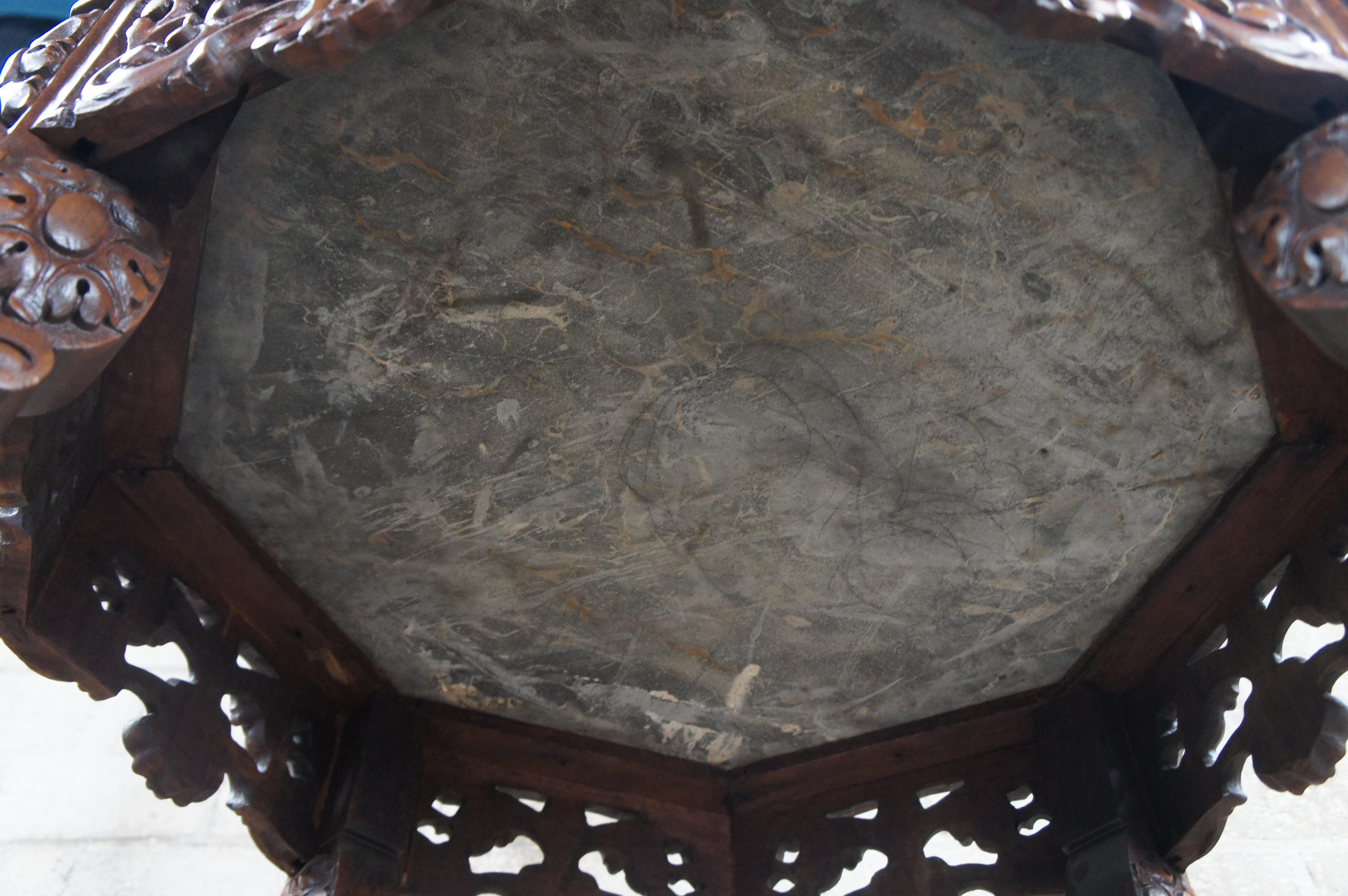 Antique Italian Renaissance Carved Walnut Marble Top Octagonal Center Side Table For Sale 5