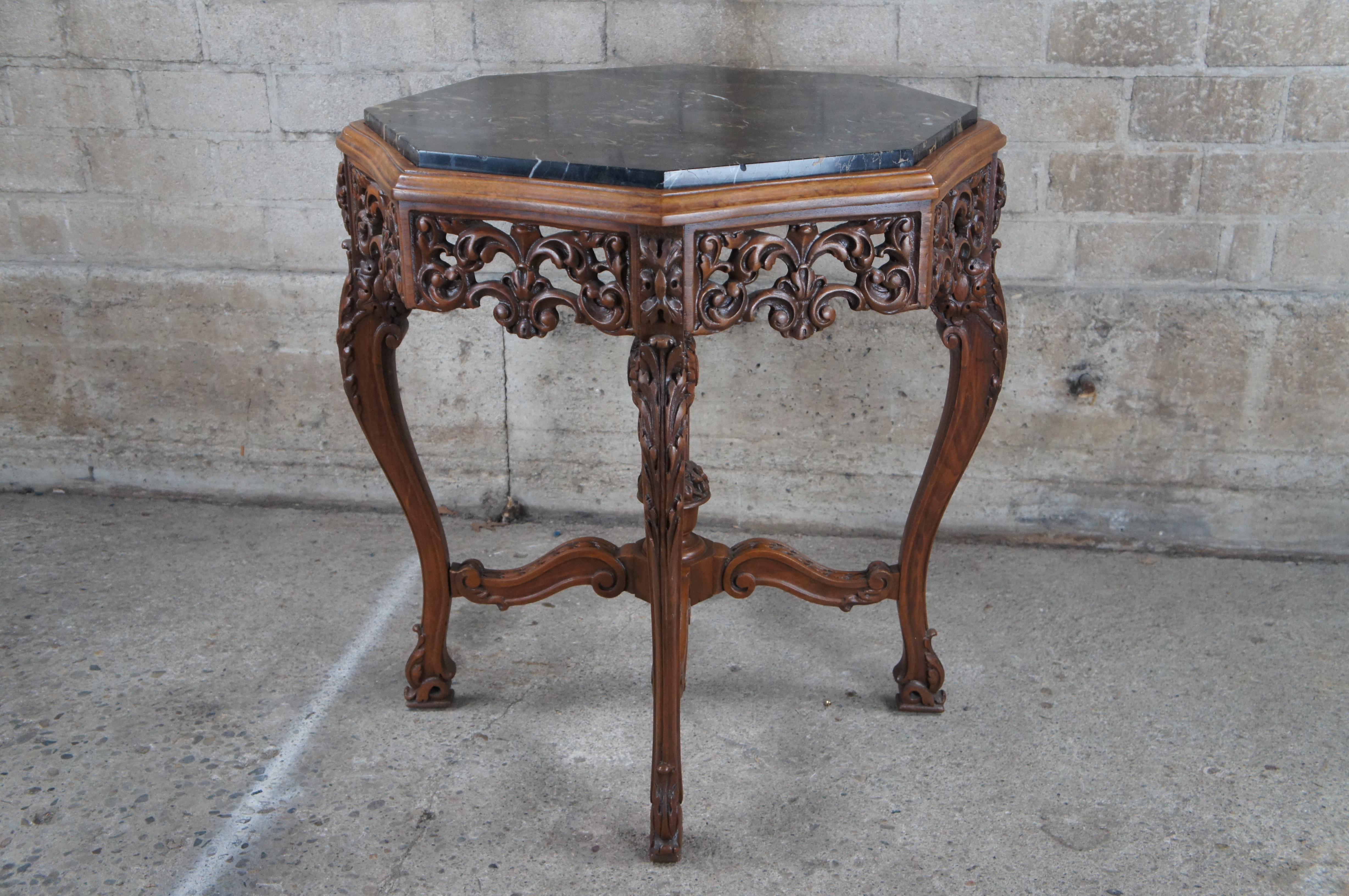 Antique Italian Renaissance Carved Walnut Marble Top Octagonal Center Side Table For Sale 6