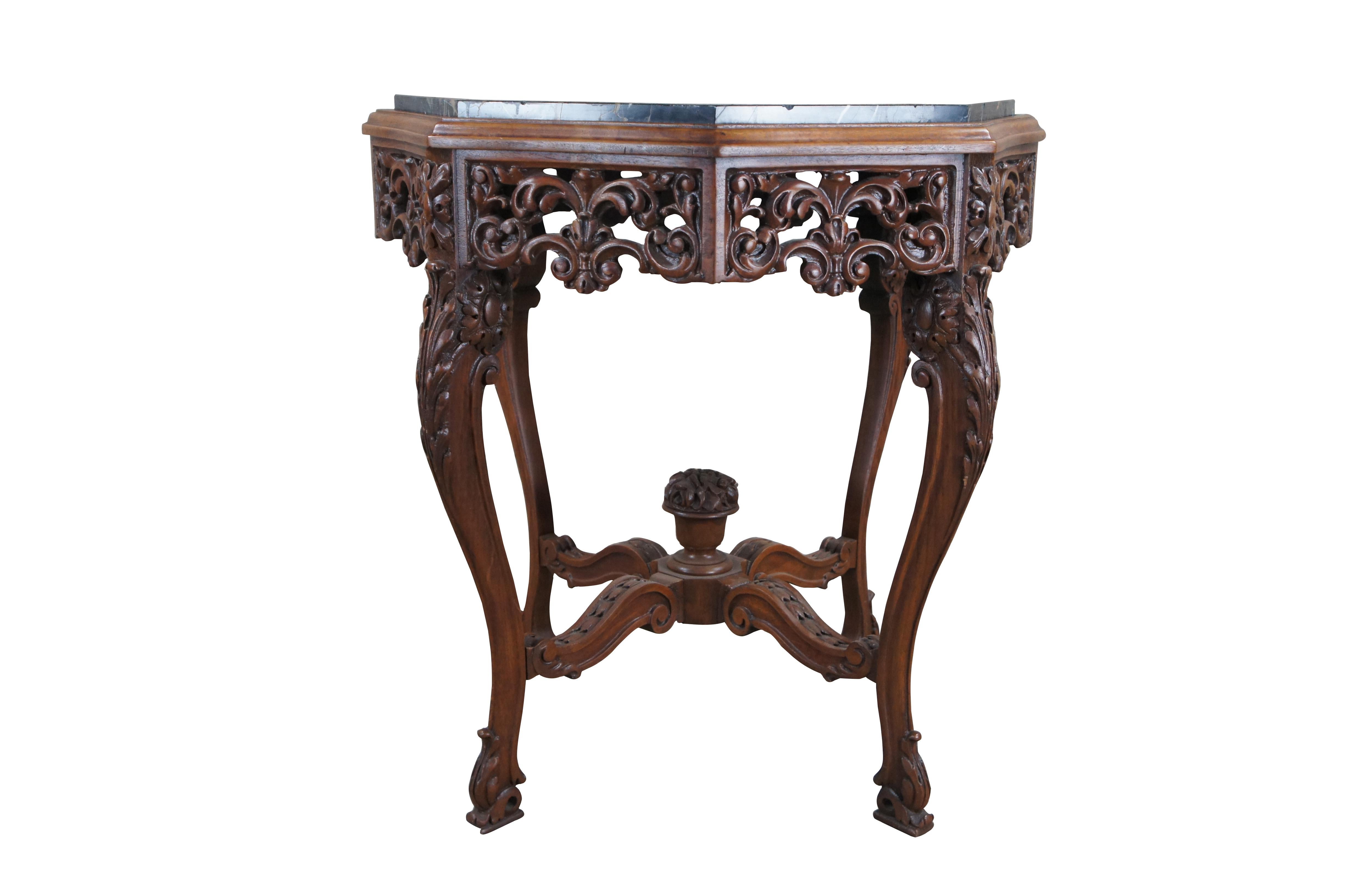 Renaissance Revival Antique Italian Renaissance Carved Walnut Marble Top Octagonal Center Side Table For Sale