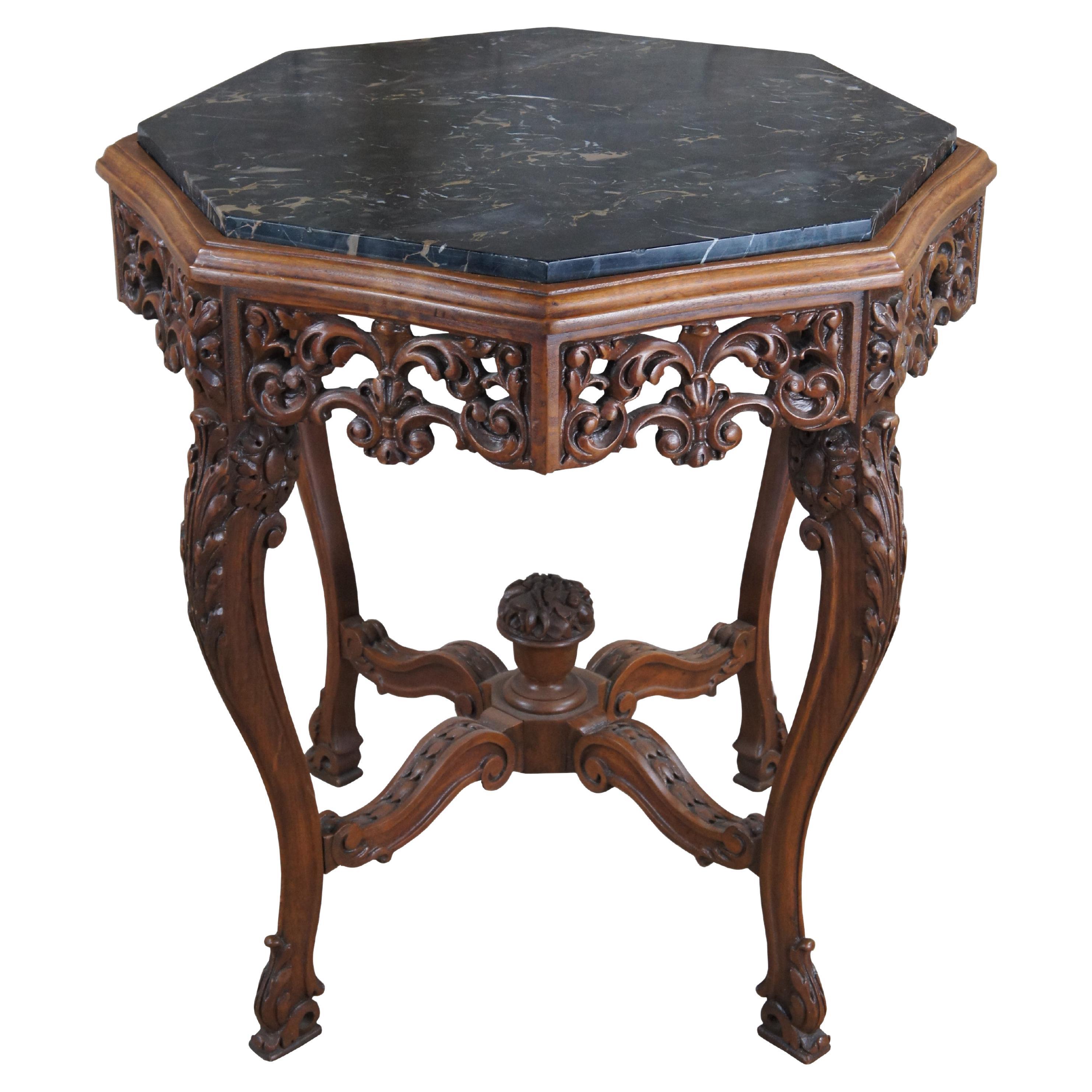 Antique Italian Renaissance Carved Walnut Marble Top Octagonal Center Side Table