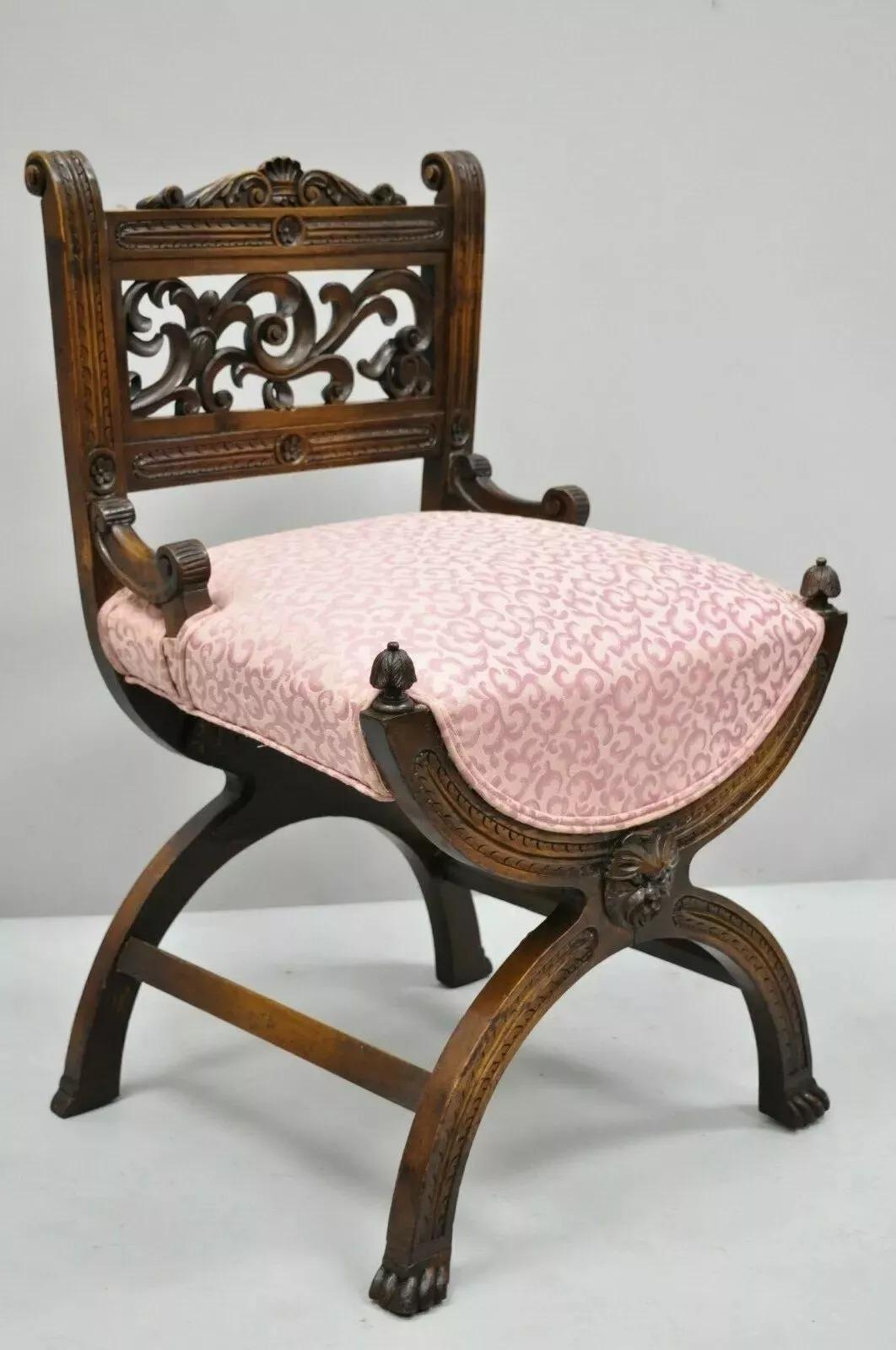 Antique Italian Renaissance Carved Walnut Northwind Face Curule Side Chair For Sale 7