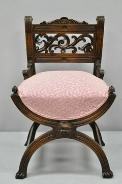 Antique Italian Renaissance Carved Walnut Northwind Face Curule Side Chair