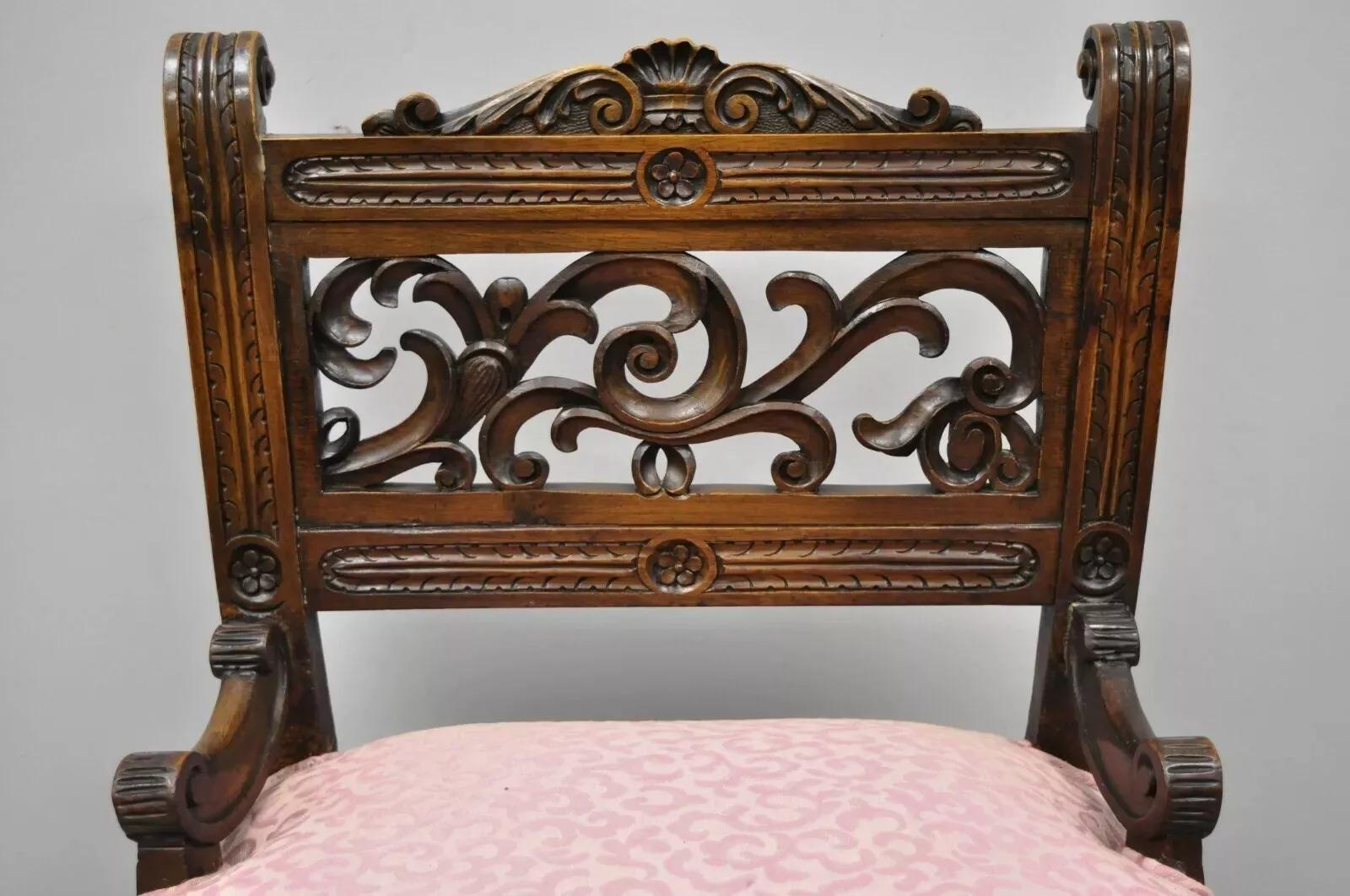 Unknown Antique Italian Renaissance Carved Walnut Northwind Face Curule Side Chair For Sale