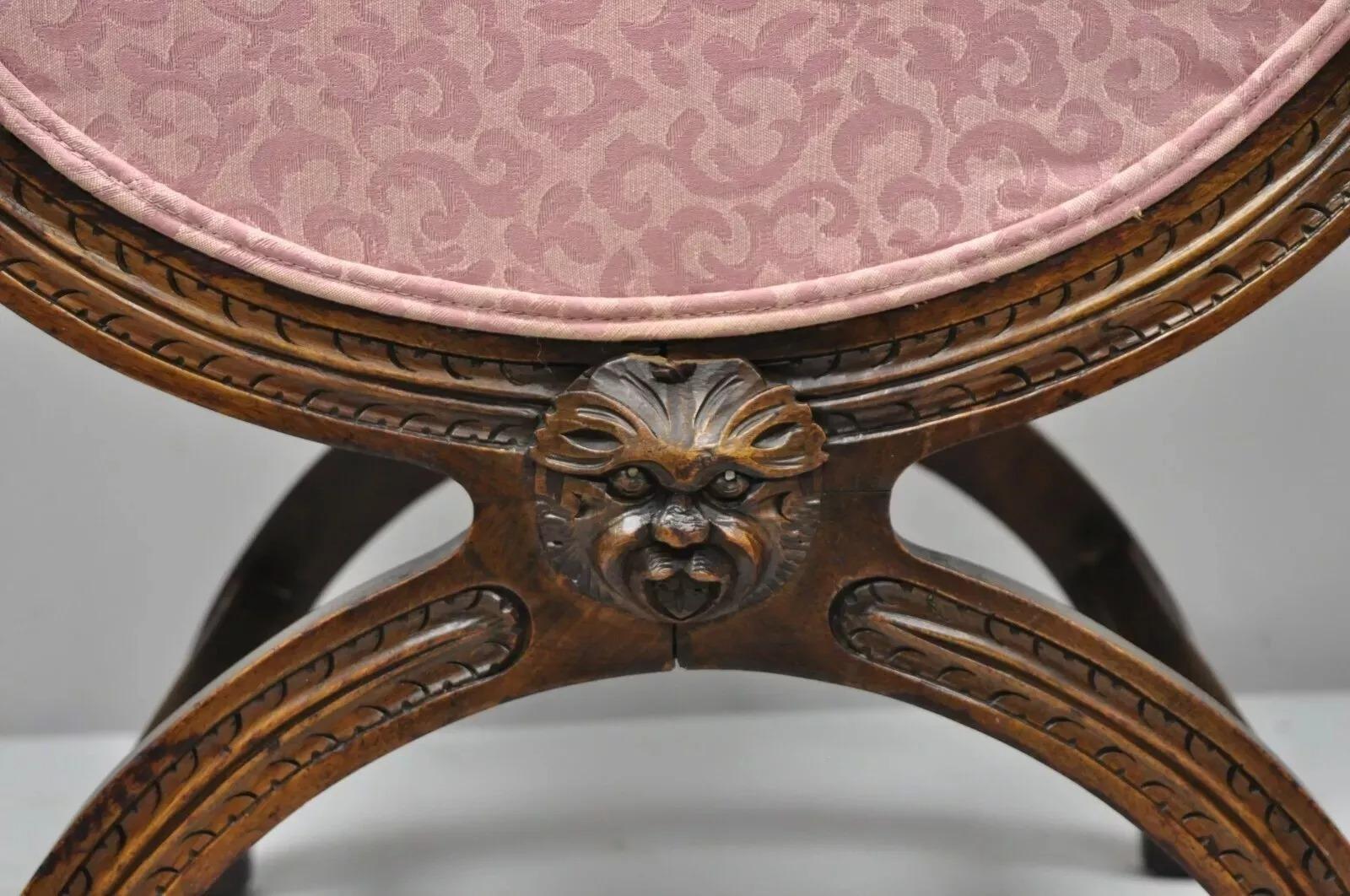 20th Century Antique Italian Renaissance Carved Walnut Northwind Face Curule Side Chair For Sale