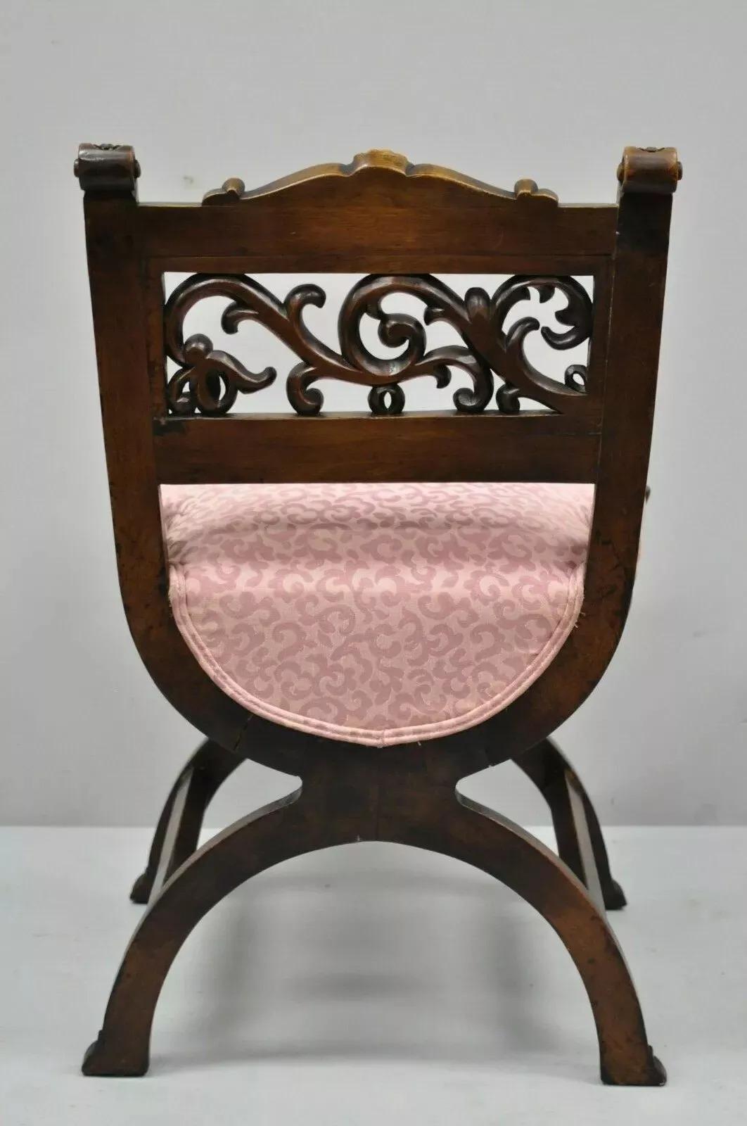 Antique Italian Renaissance Carved Walnut Northwind Face Curule Side Chair For Sale 2