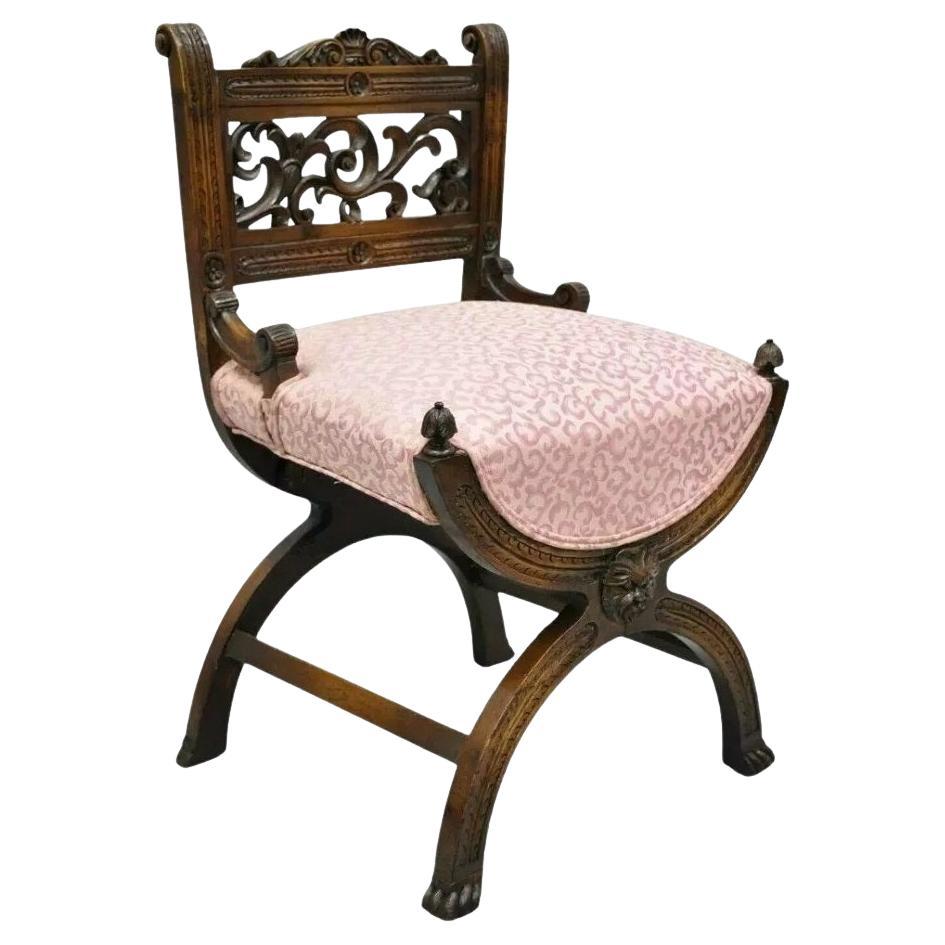 Antique Italian Renaissance Carved Walnut Northwind Face Curule Side Chair