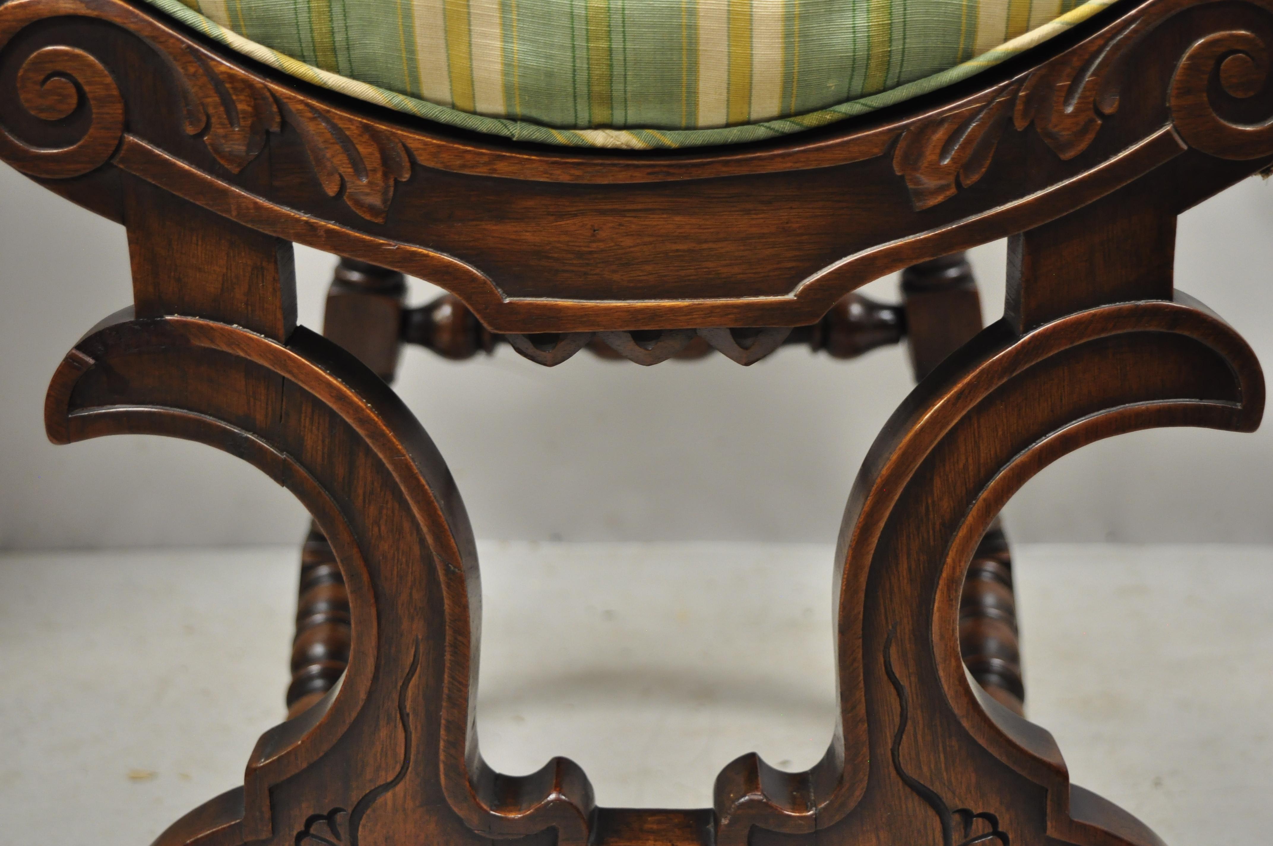 Fabric Antique Italian Renaissance Carved Walnut Savonarola Throne Armchairs, a Pair For Sale