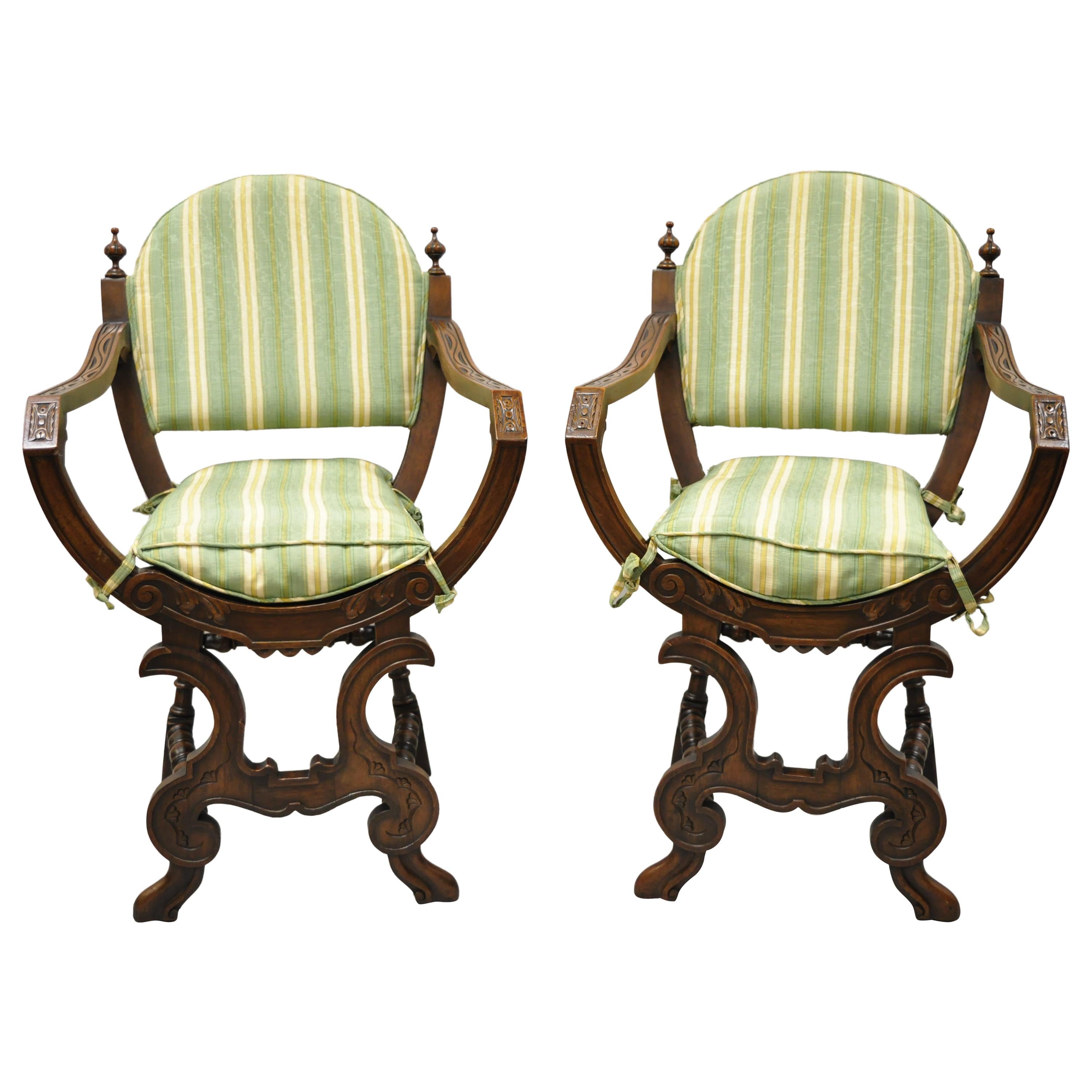 Antique Italian Renaissance Carved Walnut Savonarola Throne Armchairs, a Pair