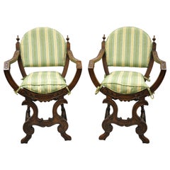 Antique Italian Renaissance Carved Walnut Savonarola Throne Armchairs, a Pair