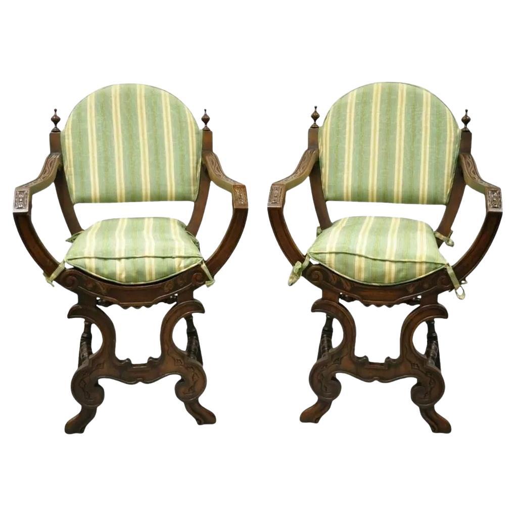 Antique Italian Renaissance Carved Walnut Savonarola Throne Arm Chairs - a Pair