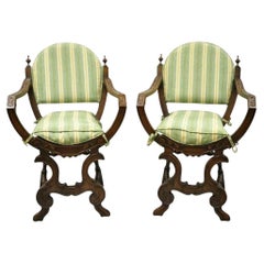 Antique Italian Renaissance Carved Walnut Savonarola Throne Arm Chairs - a Pair