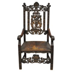 Antique Italian Renaissance Carved Walnut Throne Arm Chair w/ Winged Cherubs
