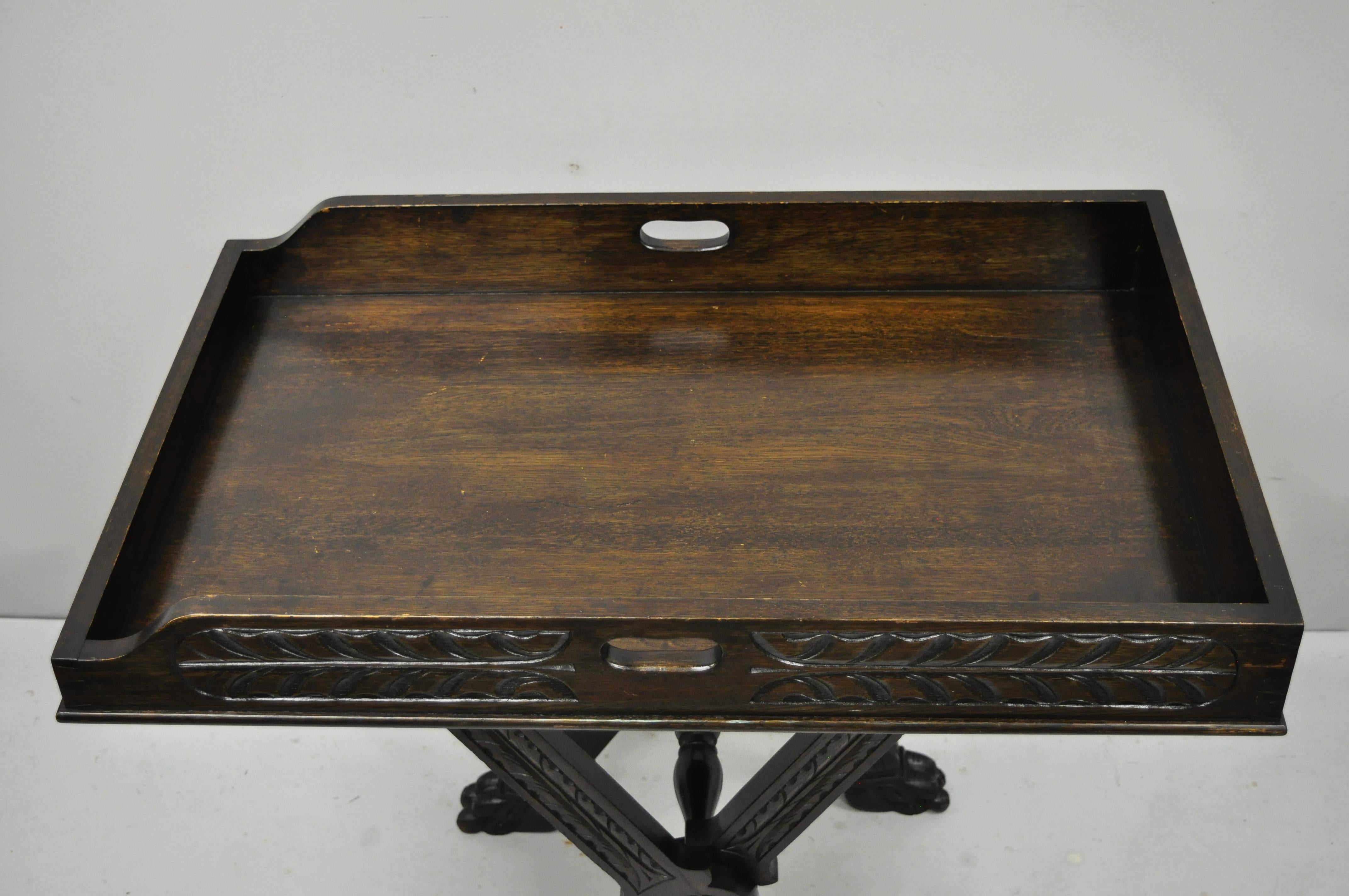 Antique Italian Renaissance Carved Walnut Tray Table Bar Folding Lion Paw Feet For Sale 1
