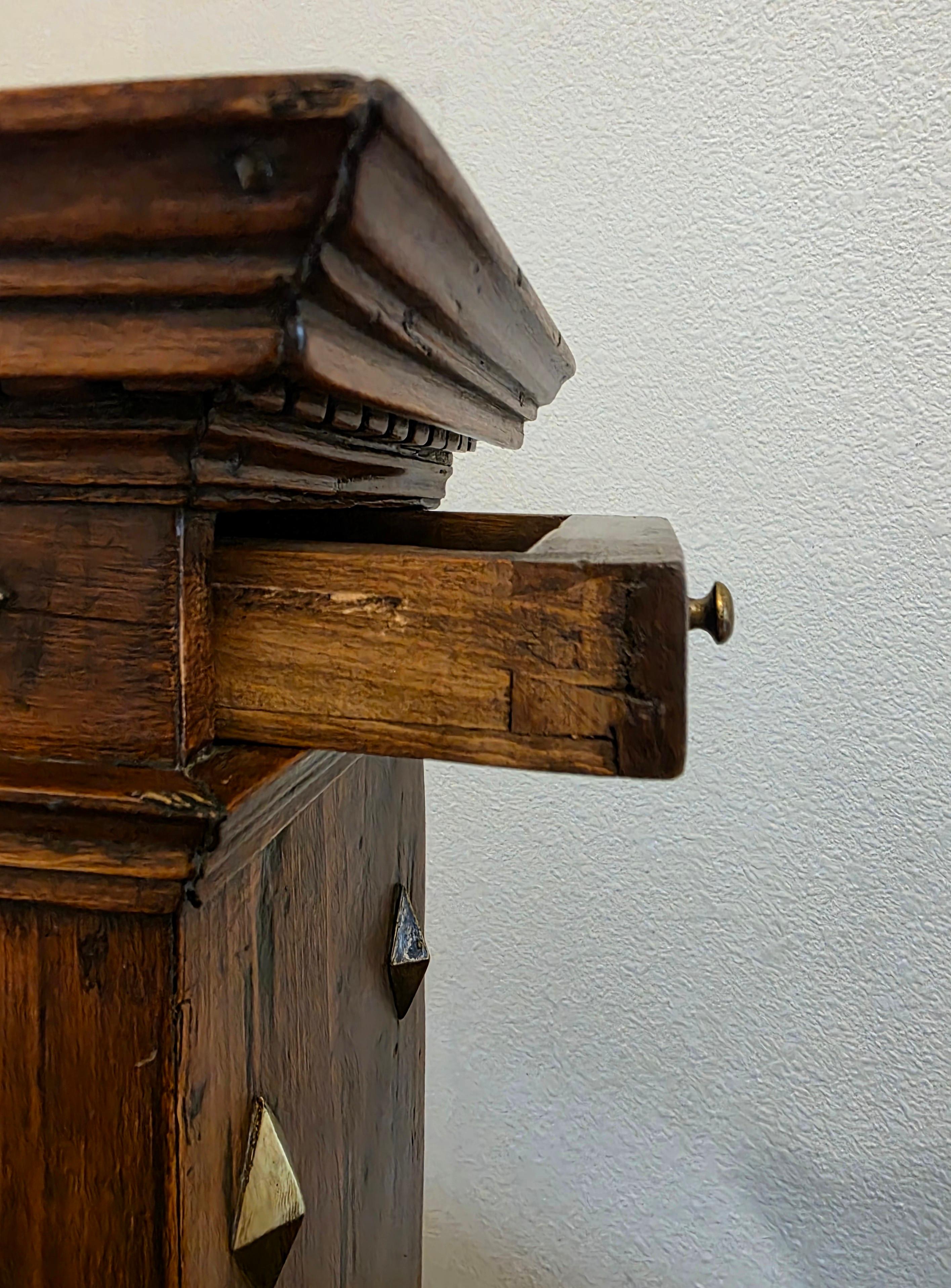 Antique Italian Renaissance Era Brass Mounted Walnut Table Cabinet Wall Cupboard For Sale 5