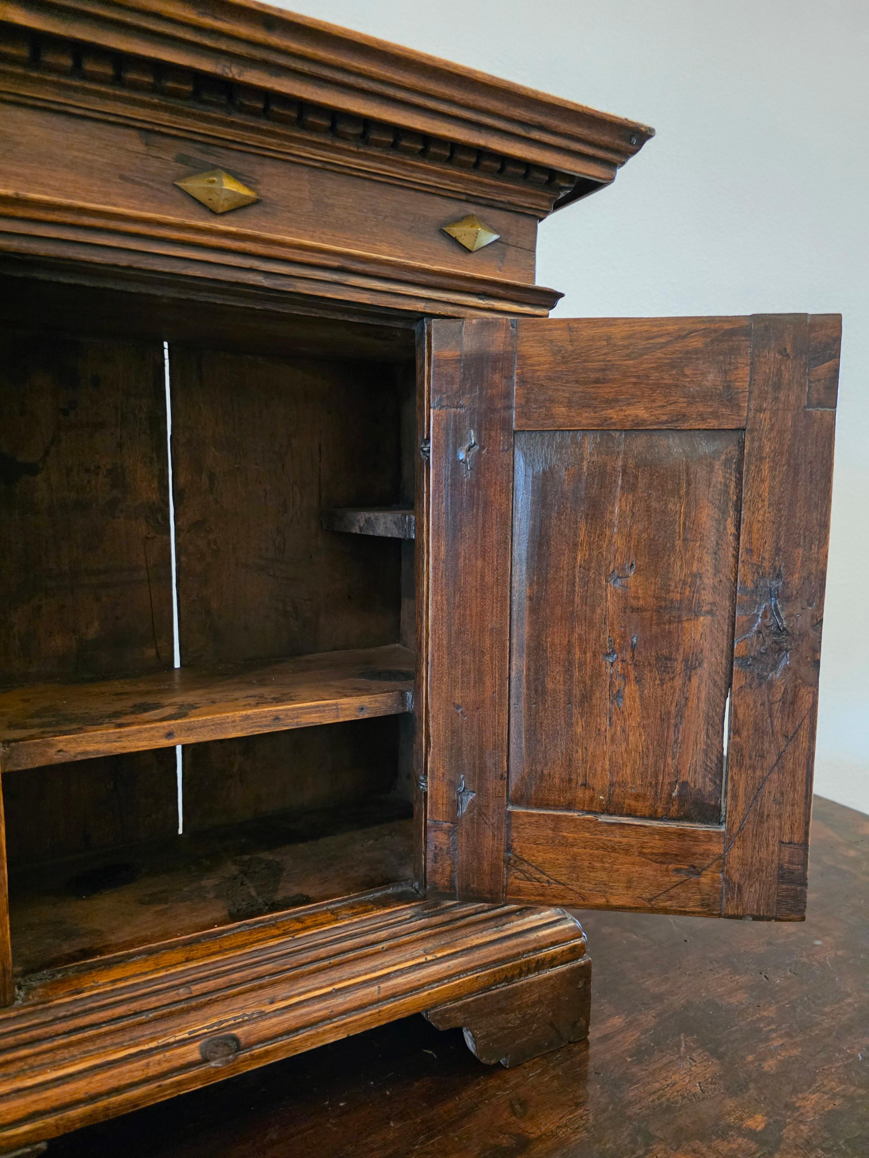 Antique Italian Renaissance Era Brass Mounted Walnut Table Cabinet Wall Cupboard For Sale 7