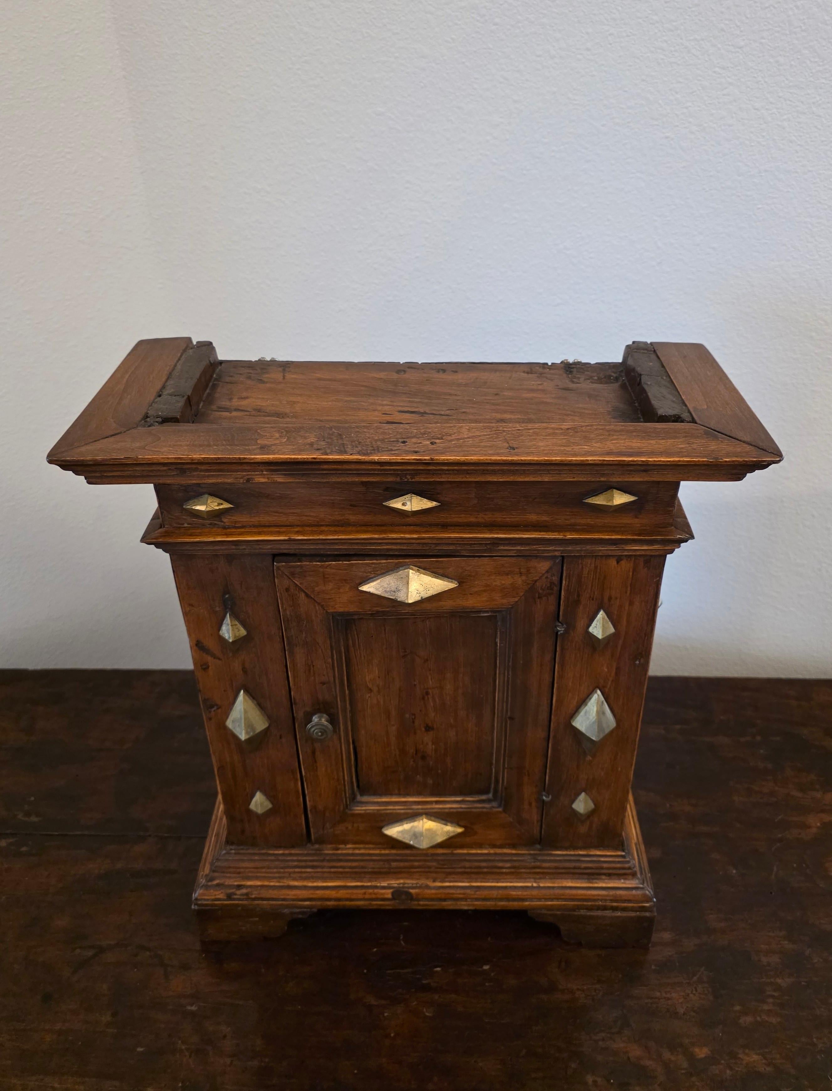 Antique Italian Renaissance Era Brass Mounted Walnut Table Cabinet Wall Cupboard For Sale 8