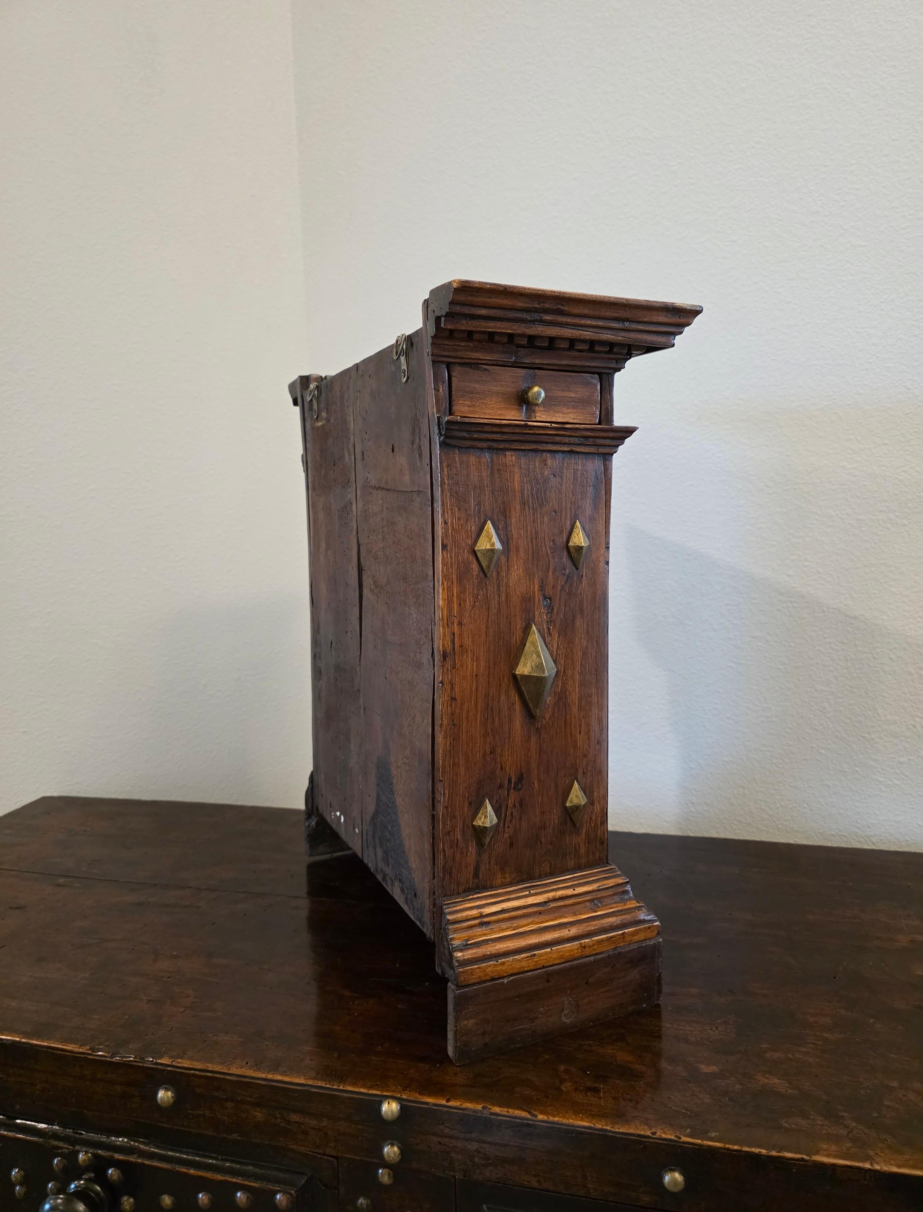 Antique Italian Renaissance Era Brass Mounted Walnut Table Cabinet Wall Cupboard For Sale 10