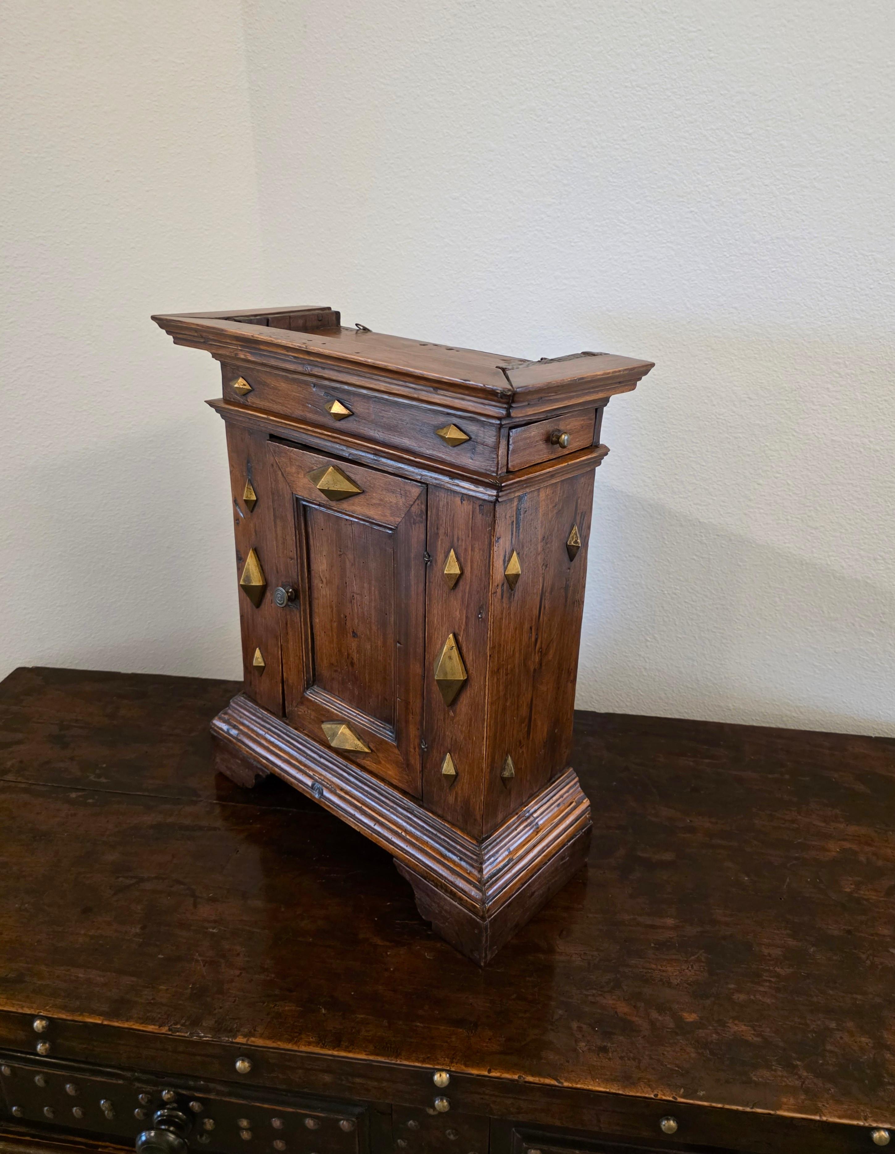 Antique Italian Renaissance Era Brass Mounted Walnut Table Cabinet Wall Cupboard For Sale 11