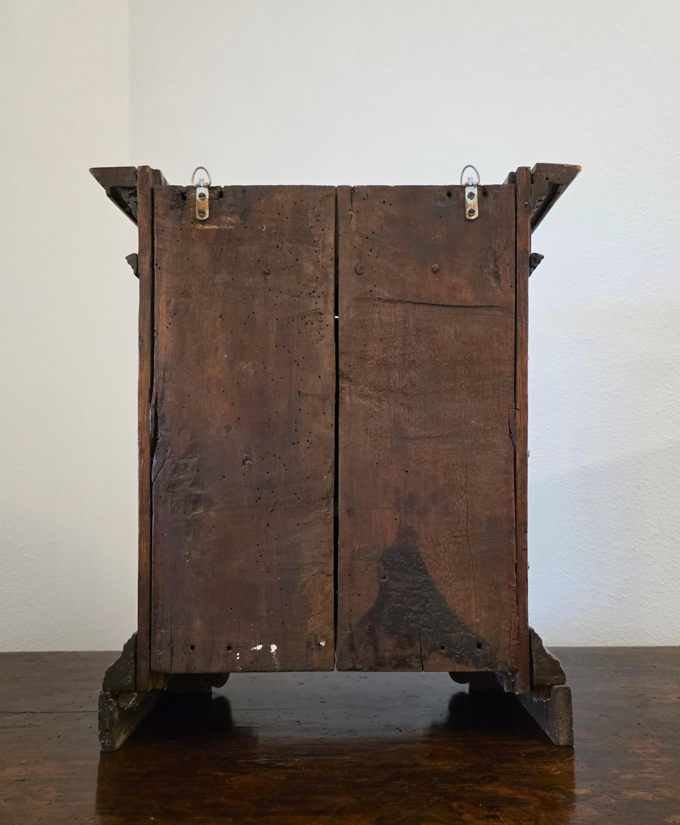 Antique Italian Renaissance Era Brass Mounted Walnut Table Cabinet Wall Cupboard For Sale 13