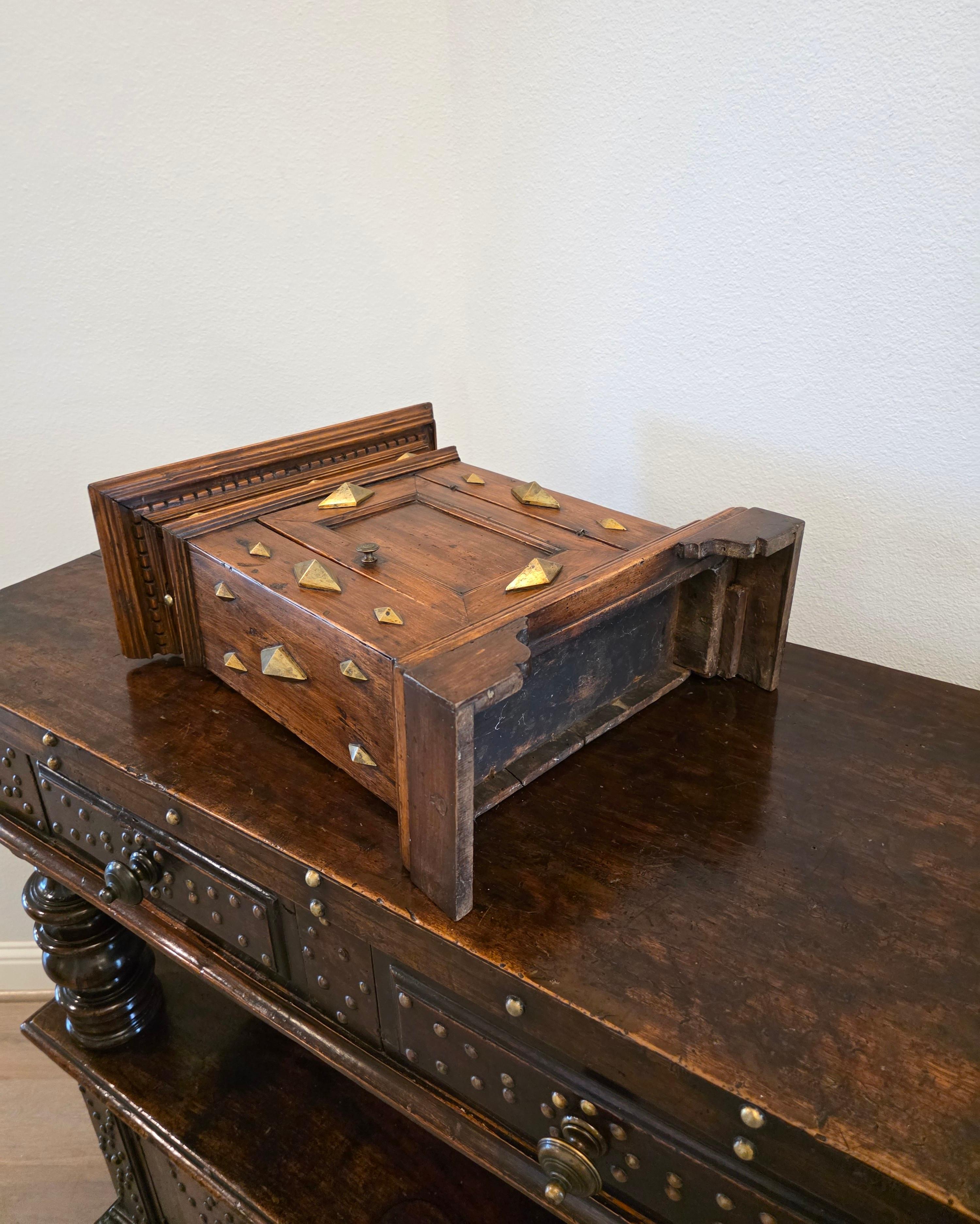 Antique Italian Renaissance Era Brass Mounted Walnut Table Cabinet Wall Cupboard For Sale 14