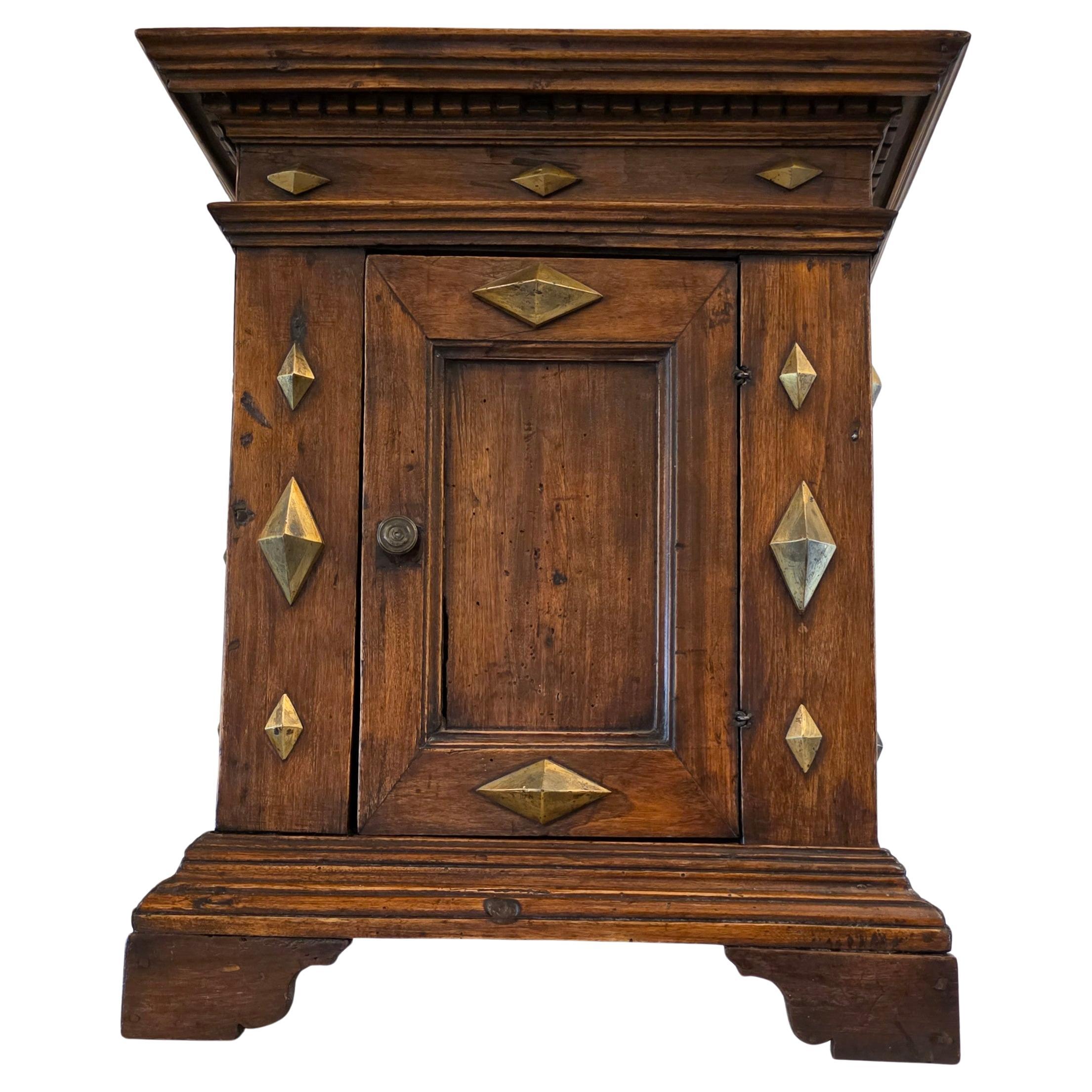 A rare and unusual antique Italian walnut table-top cabinet (now also wall hanging cupboard), 17th century and later elements, with handsome warm rich dark patina and interesting provenance!

Originating in the Tuscan region of Central Italy, likely