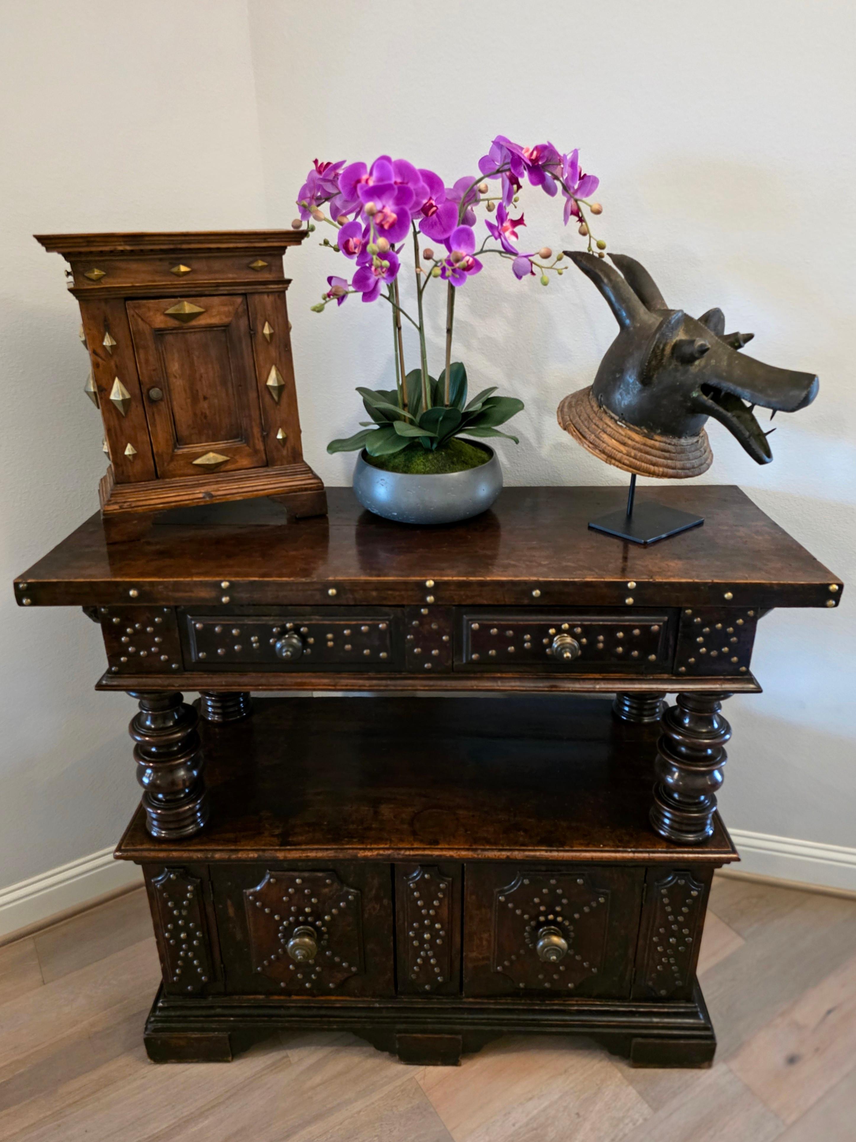 Antique Italian Renaissance Era Brass Mounted Walnut Table Cabinet Wall Cupboard For Sale 15