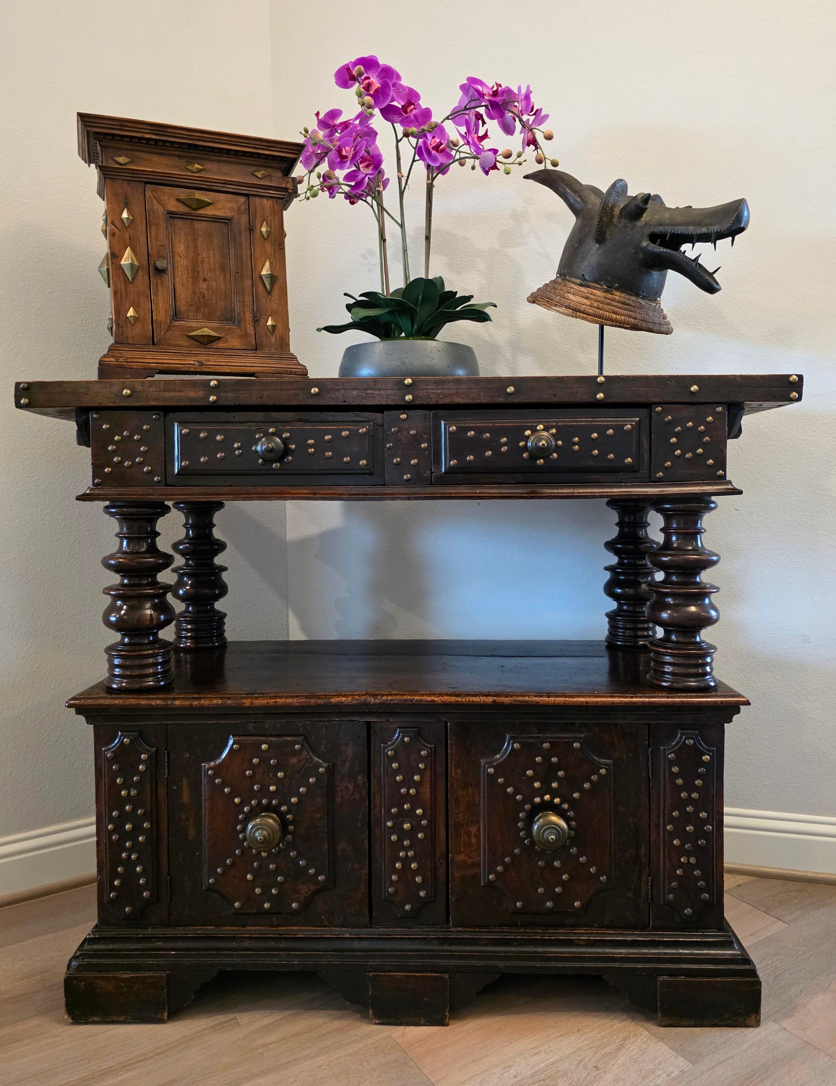 Hand-Carved Antique Italian Renaissance Era Brass Mounted Walnut Table Cabinet Wall Cupboard For Sale