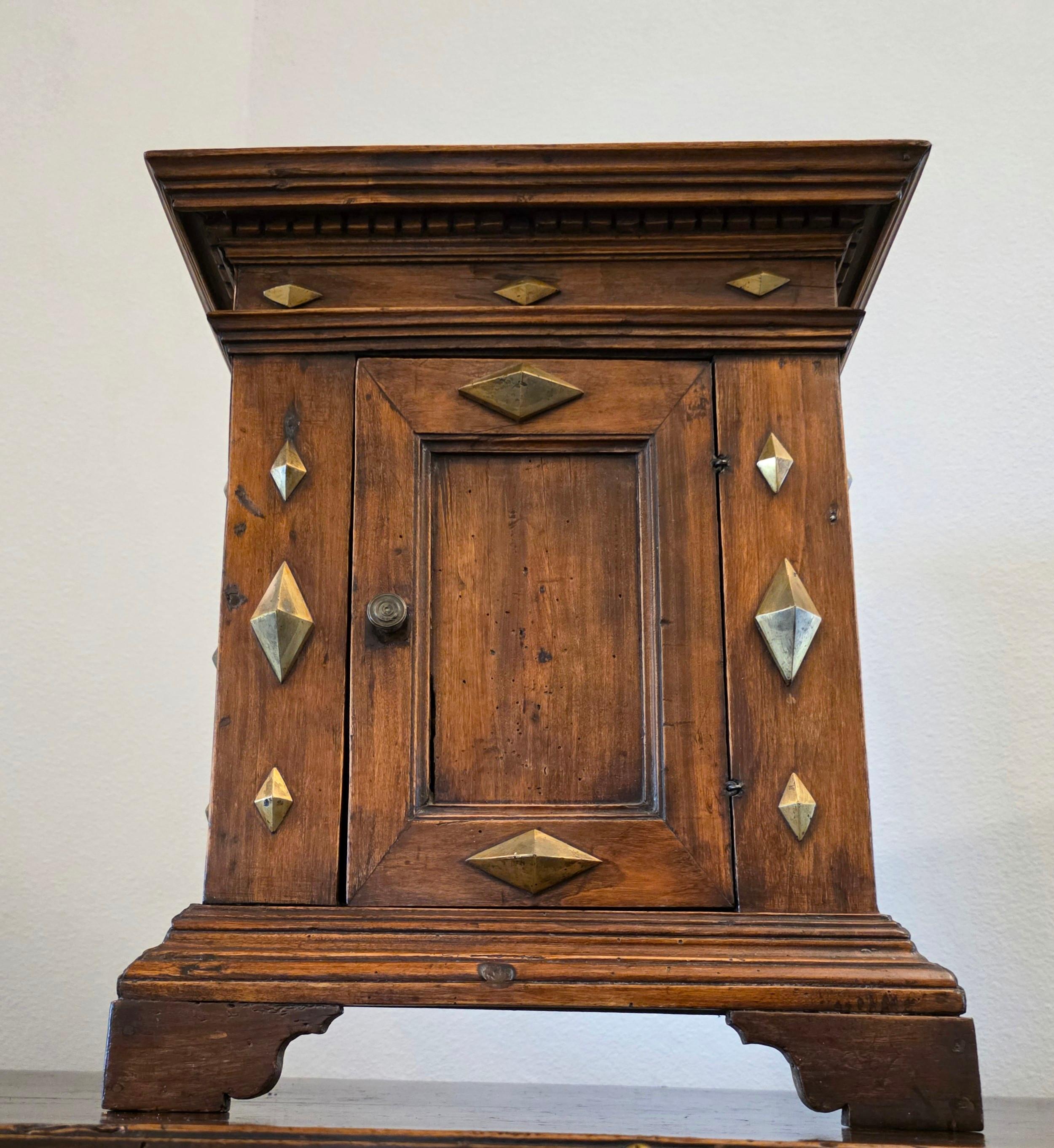 18th Century and Earlier Antique Italian Renaissance Era Brass Mounted Walnut Table Cabinet Wall Cupboard For Sale
