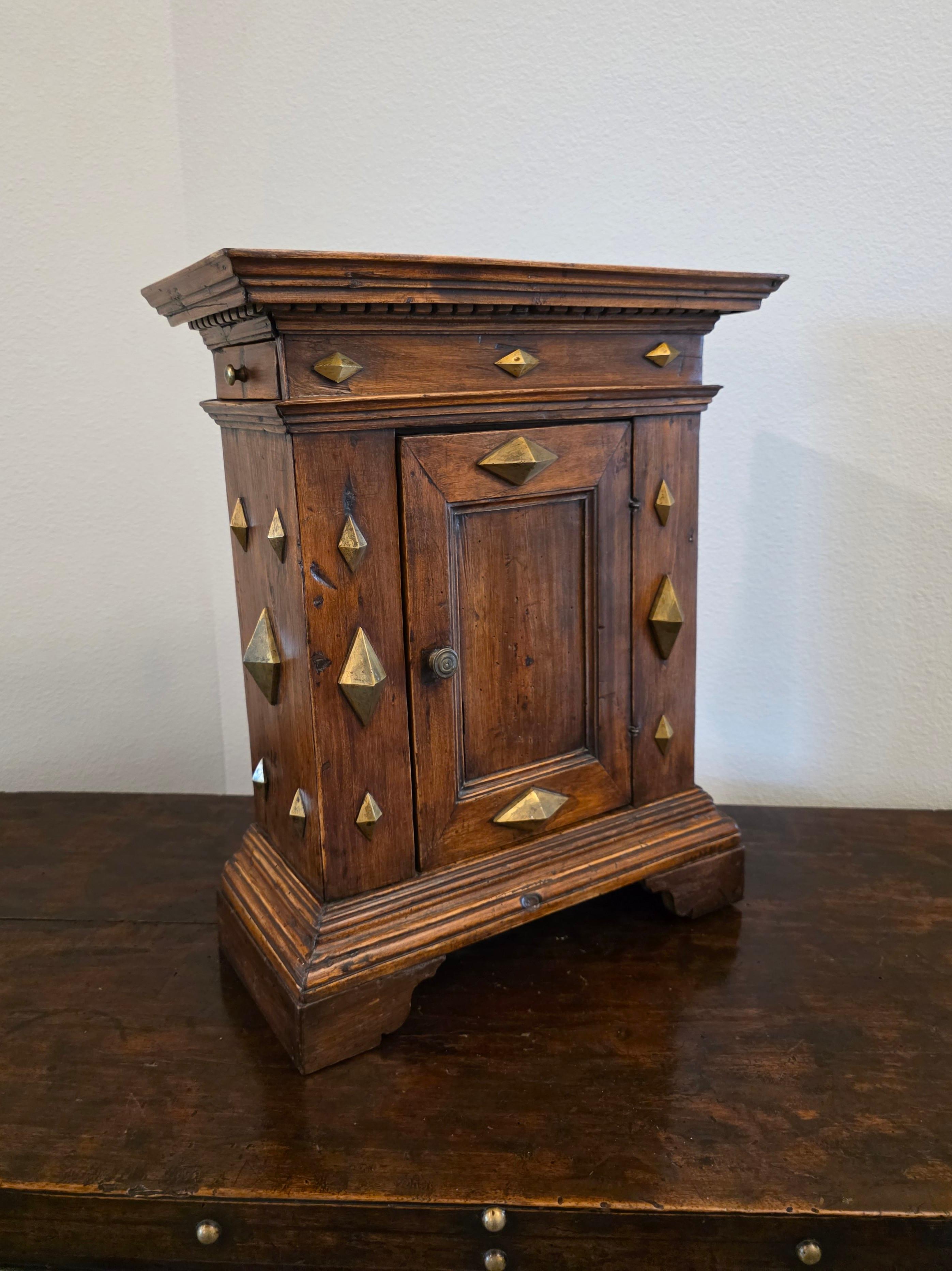 Antique Italian Renaissance Era Brass Mounted Walnut Table Cabinet Wall Cupboard For Sale 1